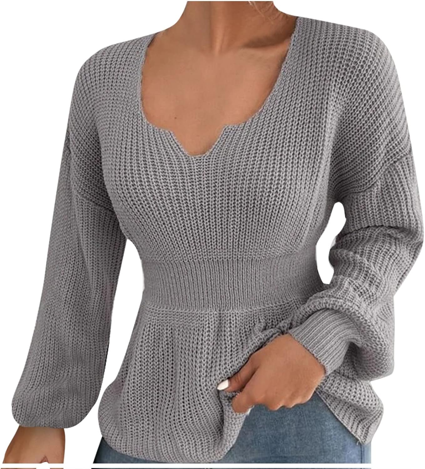 Women's Fall Dress Fashion V-Neck Pullover Shirt Solid Color Long Sleeve Ruffle Waist Shirt Cotton Cardigan