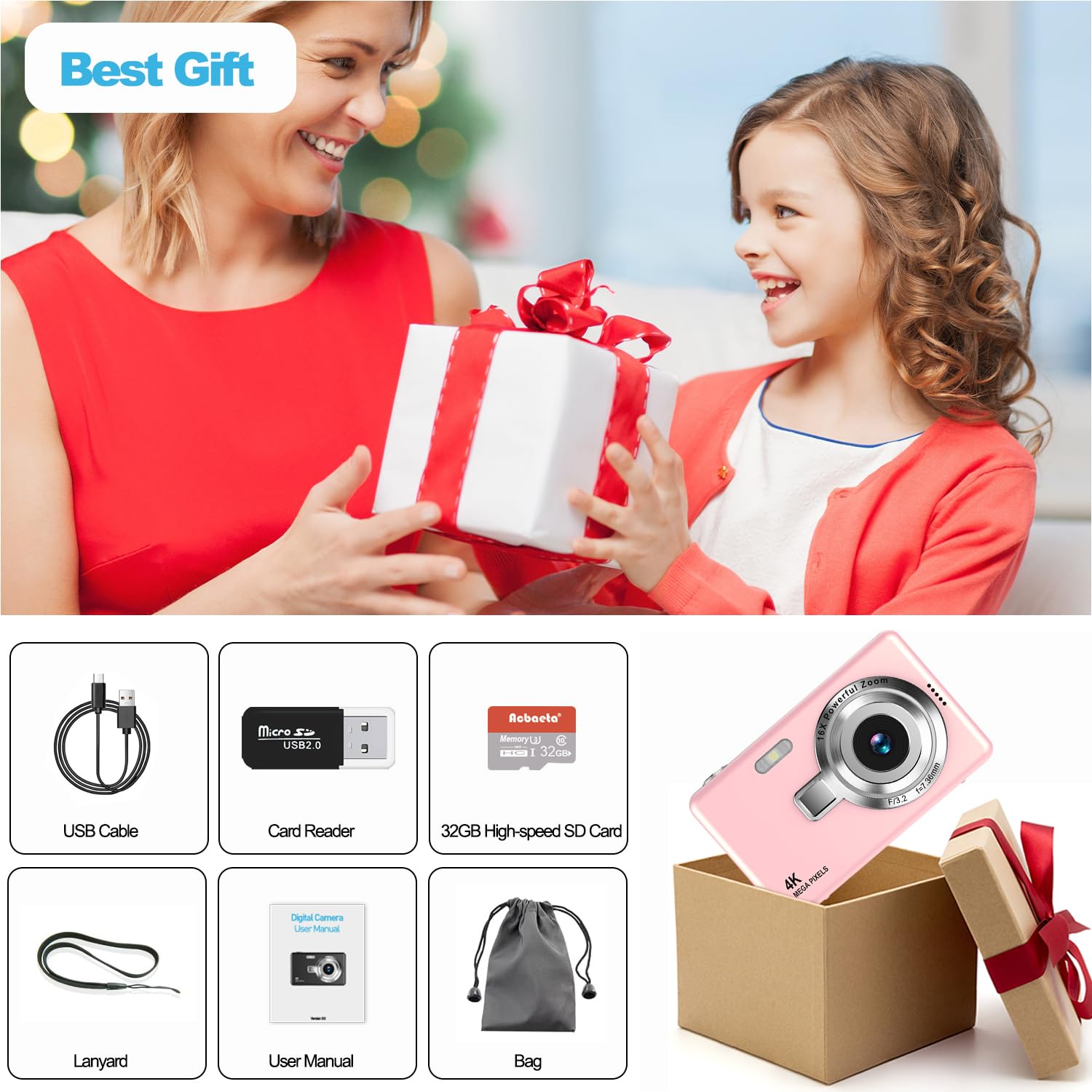 Appareil Photo Numérique, 4K​​ Autofocus 50MP Appareil Photo Enfant, Zoom 16X, Flash, Anti-Shake, ​​Appareils Photo Numériques Compact​​ Portable Petit Prêt à Shooter pour Enfants Adultes ​​Débutants