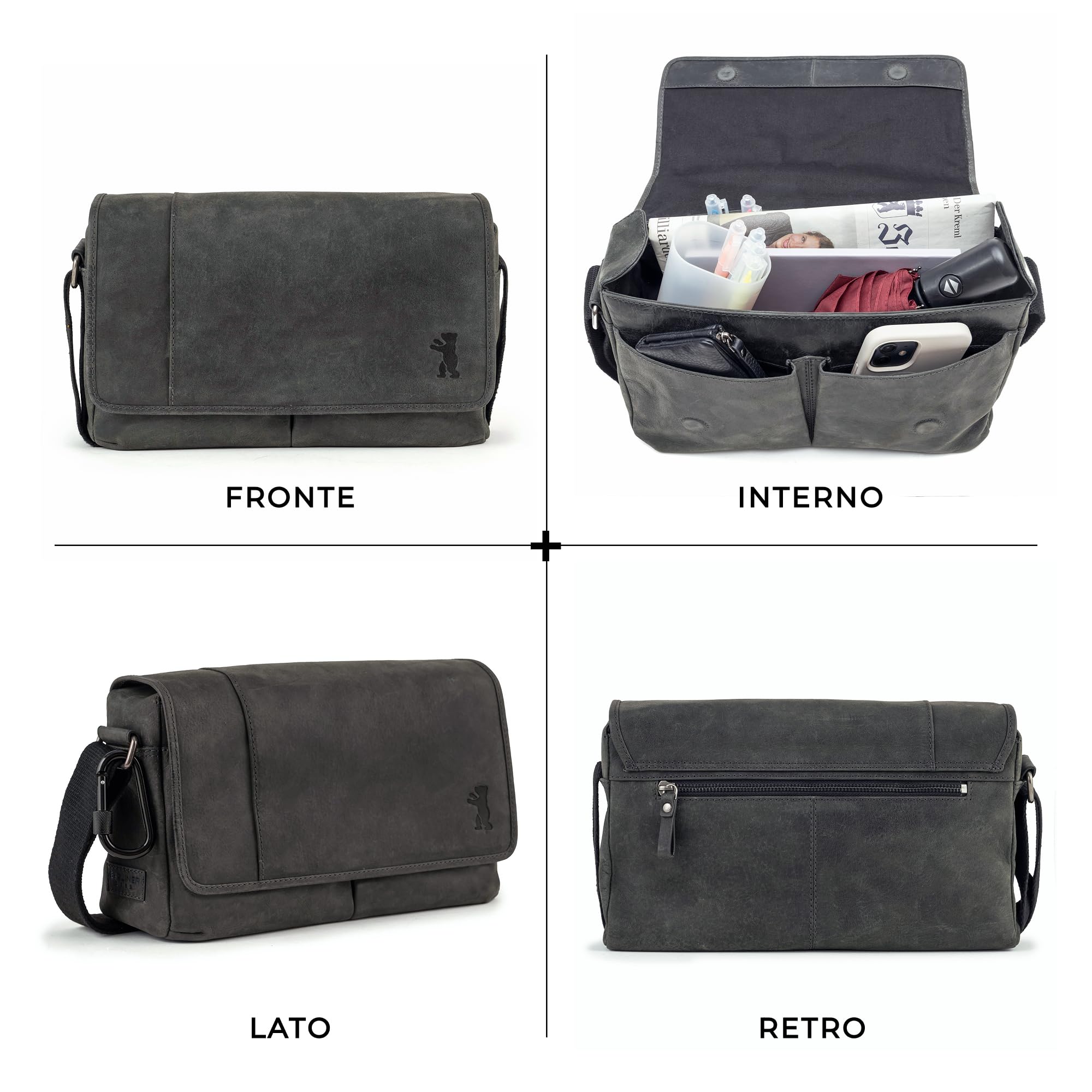 Berliner Bags Borsa da Lavoro X-Berg in Vera Pelle con Chiusura Magnetica, Formato Medio per Ufficio e Quotidianità, Uomo e Donna – Grigio Scuro