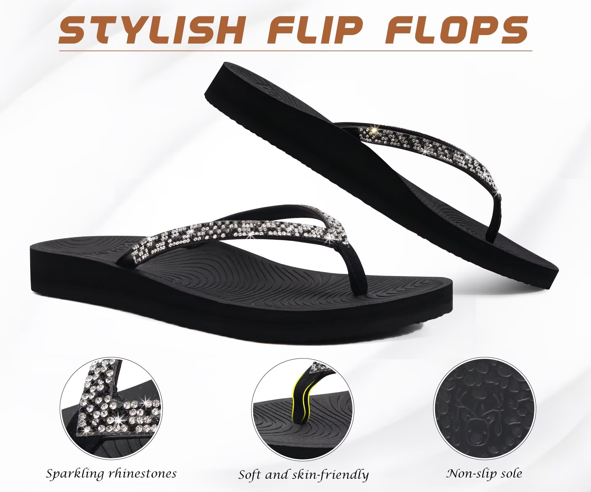 KuaiLu Frauen Strass Flip Flops mit Komfort Bogen Unterstützung Yoga Matte Kissen Sandalen Mode Sommer Strand Reisen Orthotic Walking Thong Sandles Slip auf Plantar Fasciitis Indoor Outdoor Schuhe