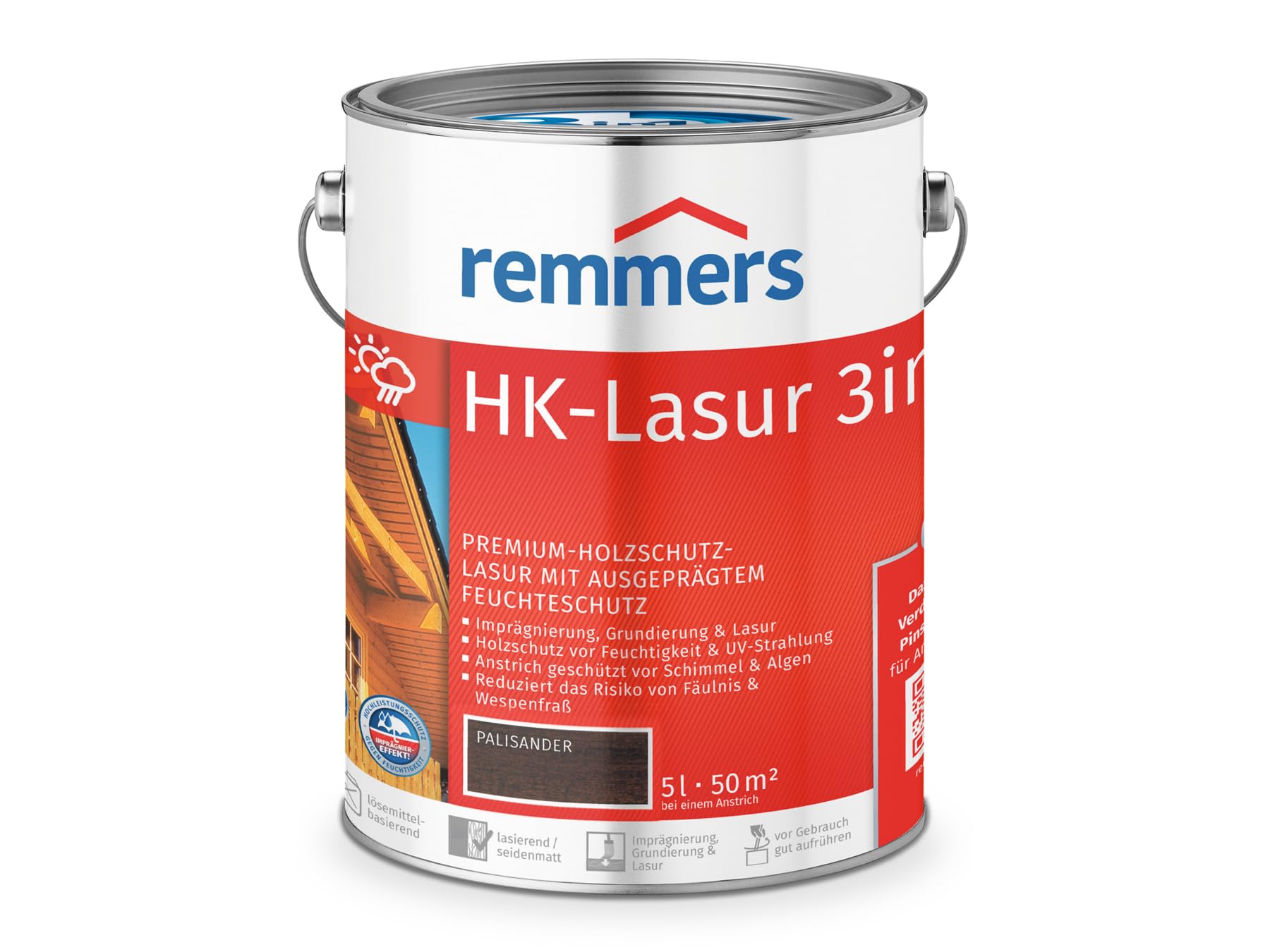 Remmers HK-Lasur 3in1 palisander, 5 Liter, Holzlasur aussen, 3facher Holzschutz mit Imprägnierung + Grundierung + Lasur, Feuchtigkeit- und UV-Schutz