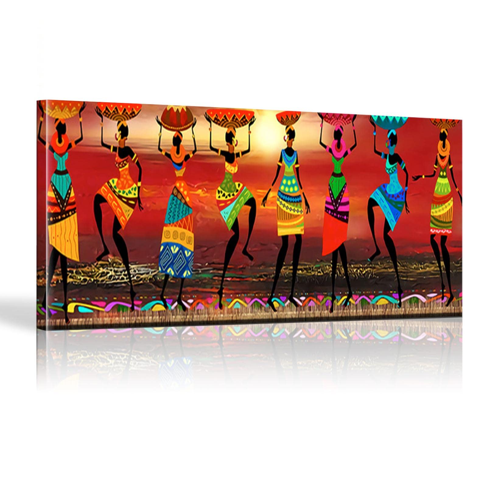 Cuadros Etnicos Arte Tribal Pinturas Mujeres Africanas Bailando Pintura Al Óleo Imagen para Sala de Estar Impresión en Lienzo Decoración para el Hogar 27.56x56.3in (70x143cm) Con Marco