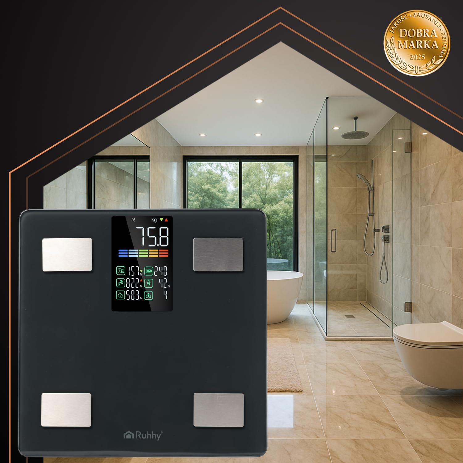 Bilancia per grasso corporeo, 226 kg, intelligente bilancia pesapersone con analisi BIA, BMI e 13 valori corporei App Feelfit, display LCD, 50 g, precisione multiutente, RUHY (nero)