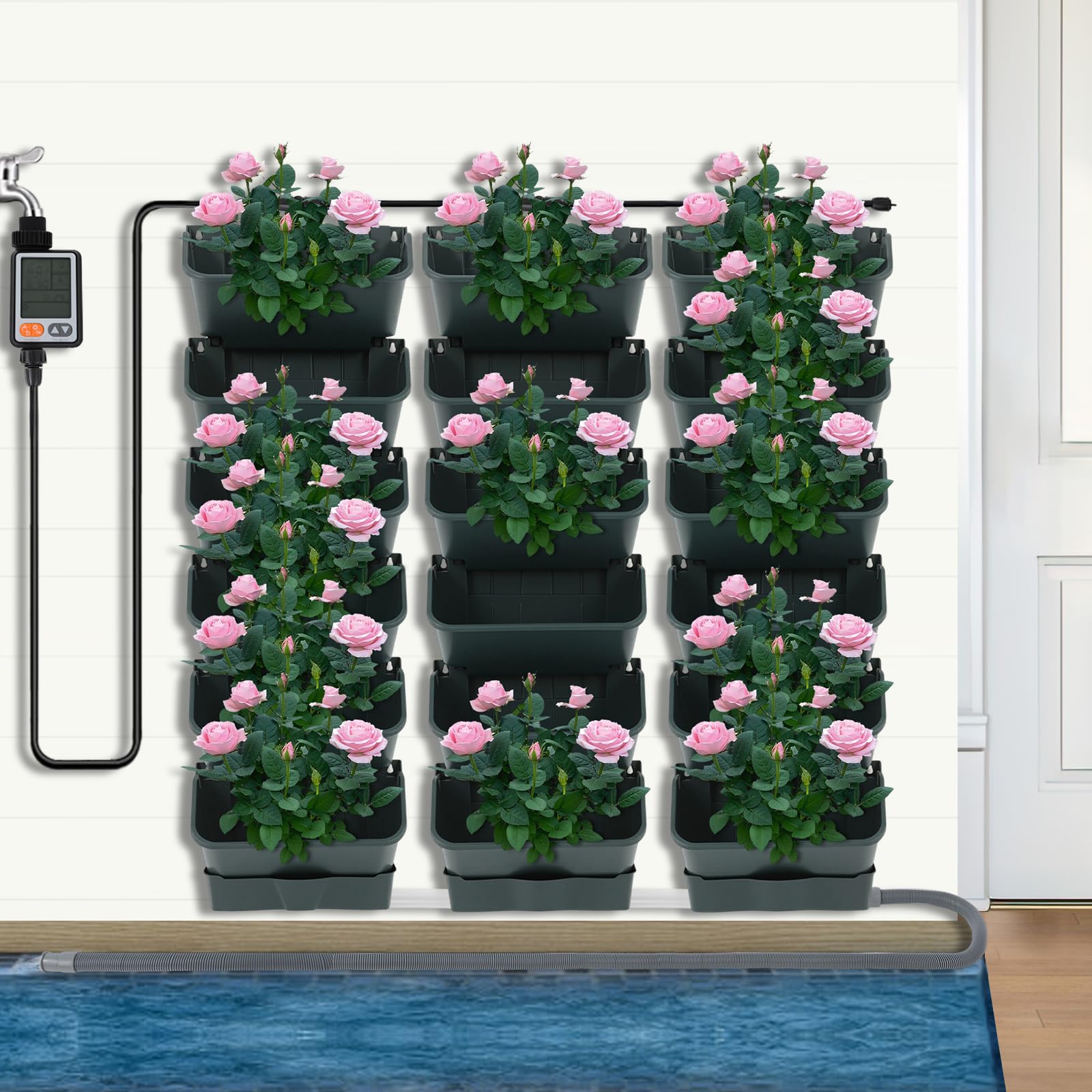 Set di irrigazione, 18 vasi con timer, irrigazione a goccia, per balcone e erbe aromatiche | Timer di irrigazione (regolabile), tubo gocciolante da 3 m. portata 70 kg, per erbe, verdure, fiori su balcone, terrazza
