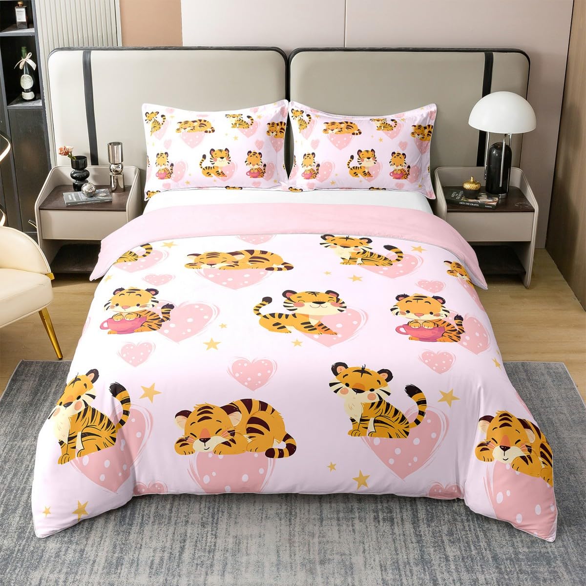 Cartoon Tiger 100% Baumwolle Bettbezug 135x200 für Kinder Jungen Mädchen,Dschungel Tiger Bettwäsche Set,Rosa Liebe Herz Bett Sets,Zoo Tier Bettbezug mit 1 Kissenbezug Weich,Kein Tröster