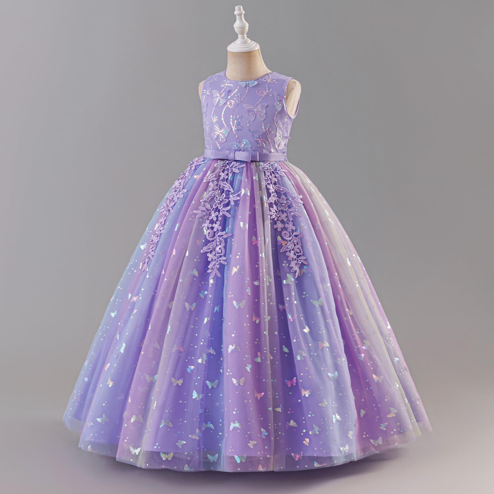 Odizli Blumenmädchenkleider Ärmellos Pailletten Schmetterling Prinzessin A-Linie Tüllkleid Hochzeit Lang Ballkleid