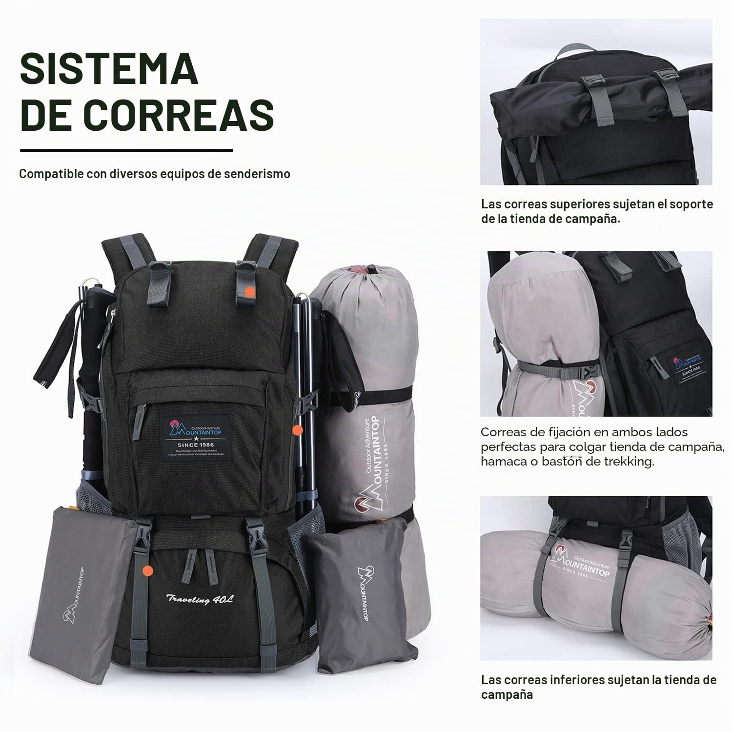 MOUNTAINTOP Mochilas Senderismo 40 litros Mujer Hombre Mochila de Trekking Mochila Montaña al Aire Libre Impermeable para Viaje Acampadas 33x22x55 cm