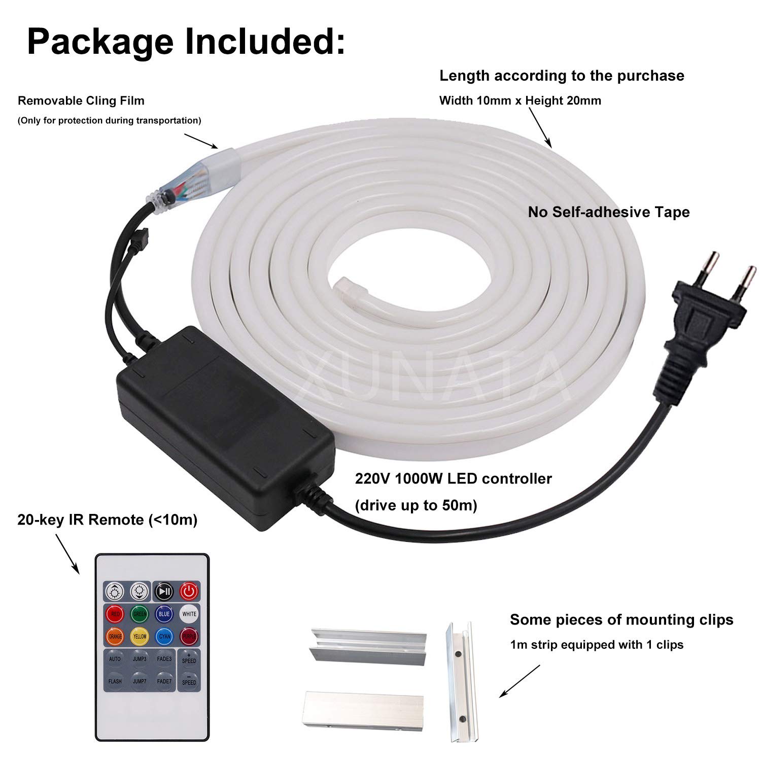 XUNATA RGB Luce al Neon Striscia LED con Telecomando e Alimentazione, 220 V SMD 5050 60 LED/m, Flessibile LED Strip per Scaletta Tetto Cavi da Cucina Decorazione - 20m