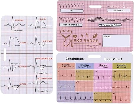 Multi EKG Card - EKG Badge for Nursing Reference | 3 X ECG Nursing Clinicals Guide Er ICU Telemetry Rn Cardiac Supplies Lab Value Accessories for Work