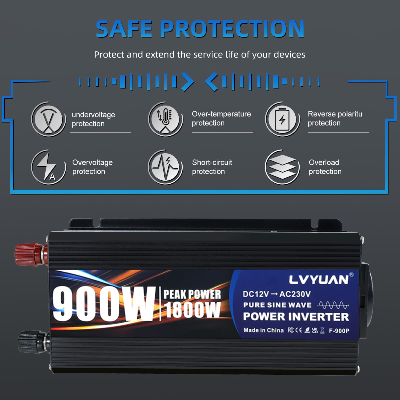 LVYUAN Convertisseur 12V 220V 900W/ 1800W Pur Sinus Onduleur à Onde Sinusoïdale Pure avec 1 Prise UE et 2 Ports USB, convertisseur de Courant pour Voiture, Caravane, Bateau, Camping