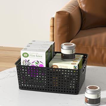 4-Pack Medium Plastic Woven Storage Basket, Black Weave Baskets
