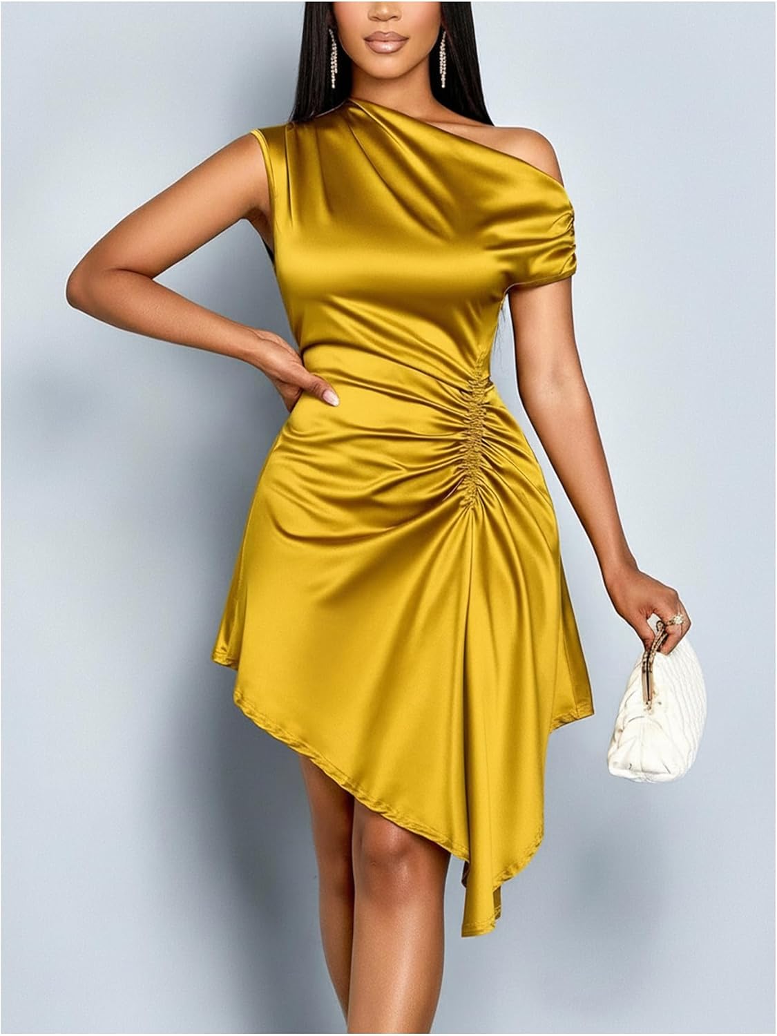 Floerns Women's Satin Off The Shoulder Dress Ruched Asymmetrical Hem Holiday Cocktail Dresses - Image 4