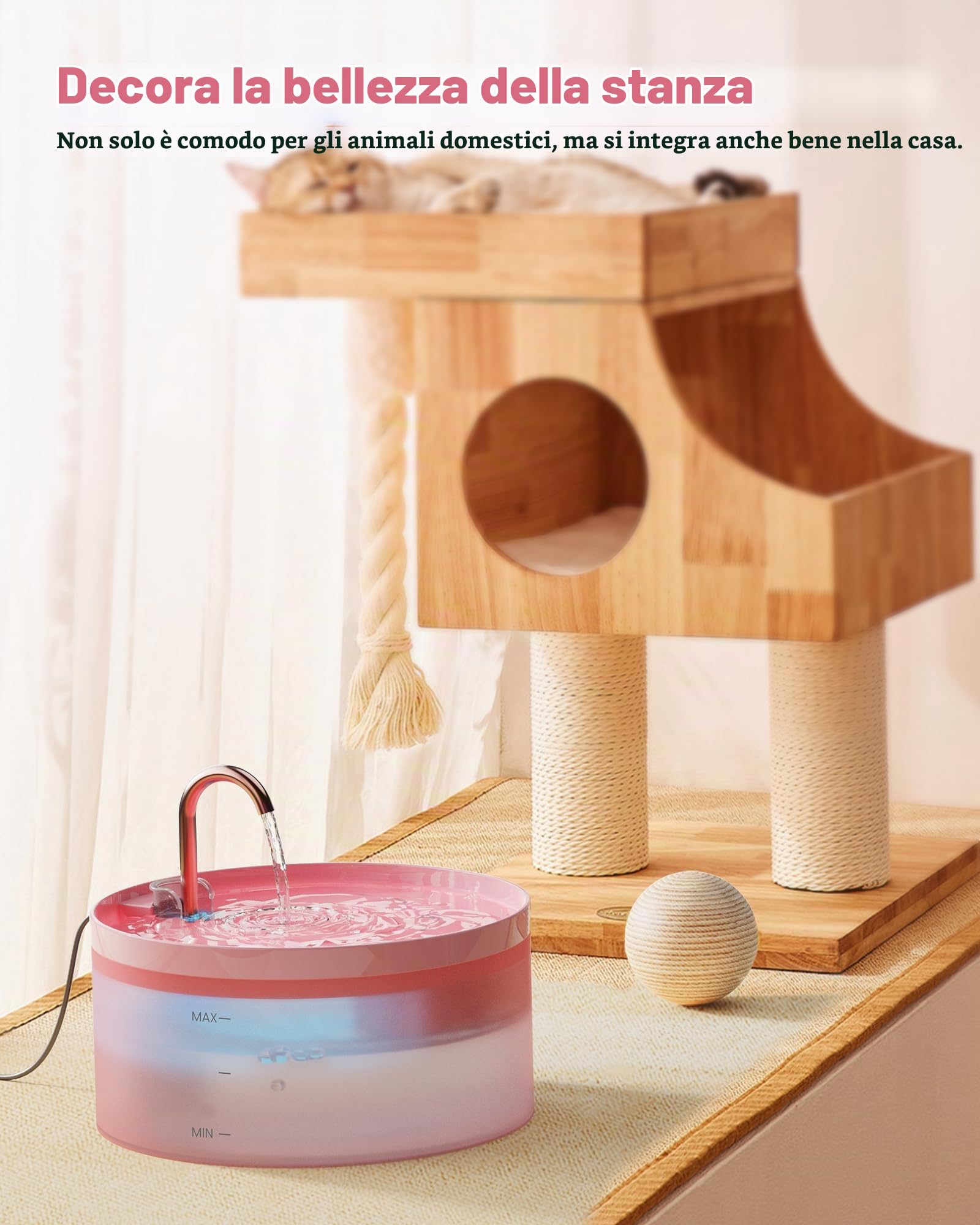 Rosa Fontanella per Gatti, 6 Pezzi Filtro + 3 Pezzi di Spugna, 3.2L Fontana per Gatti, Fontanella per Cani Pompa Ultra-Silenziosa con Luce Led, Filtraggio Profondo, Serbatoio Dell'Acqua Traslucido