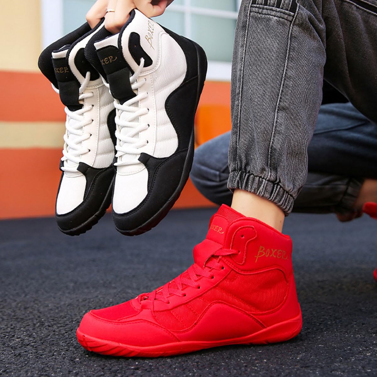 Scarpe da Boxe Uomo Donna Stivaletti da Wrestling Antiscivolo Traspirante per Arti Marziali, Atletica, Fitness, Bodybuilding