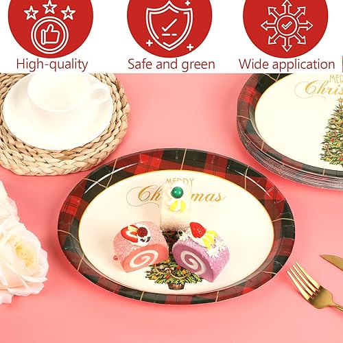 Miniatura 4 de 50 platos de papel ovalados de Navidad rojo y verde a cuadros grandes de 11 pulgadas desechables para Navidad, temática familiar, suministros de