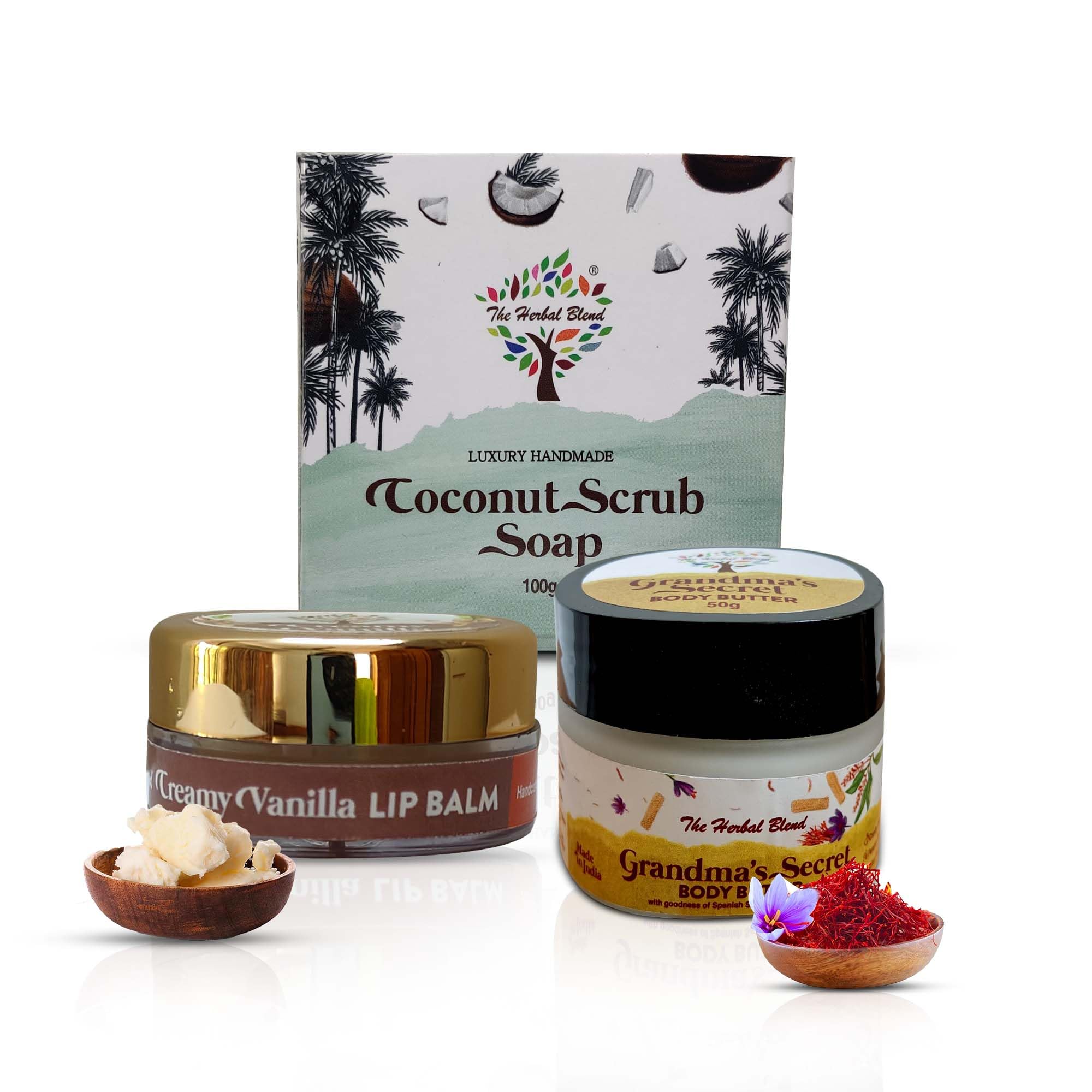Winter Skincare Gift Set – Coconut Scrub Soap + Hydrating Lip Balm + Shea & Saffron Body Butter for Smooth, Moisturized Skin-picture-21
