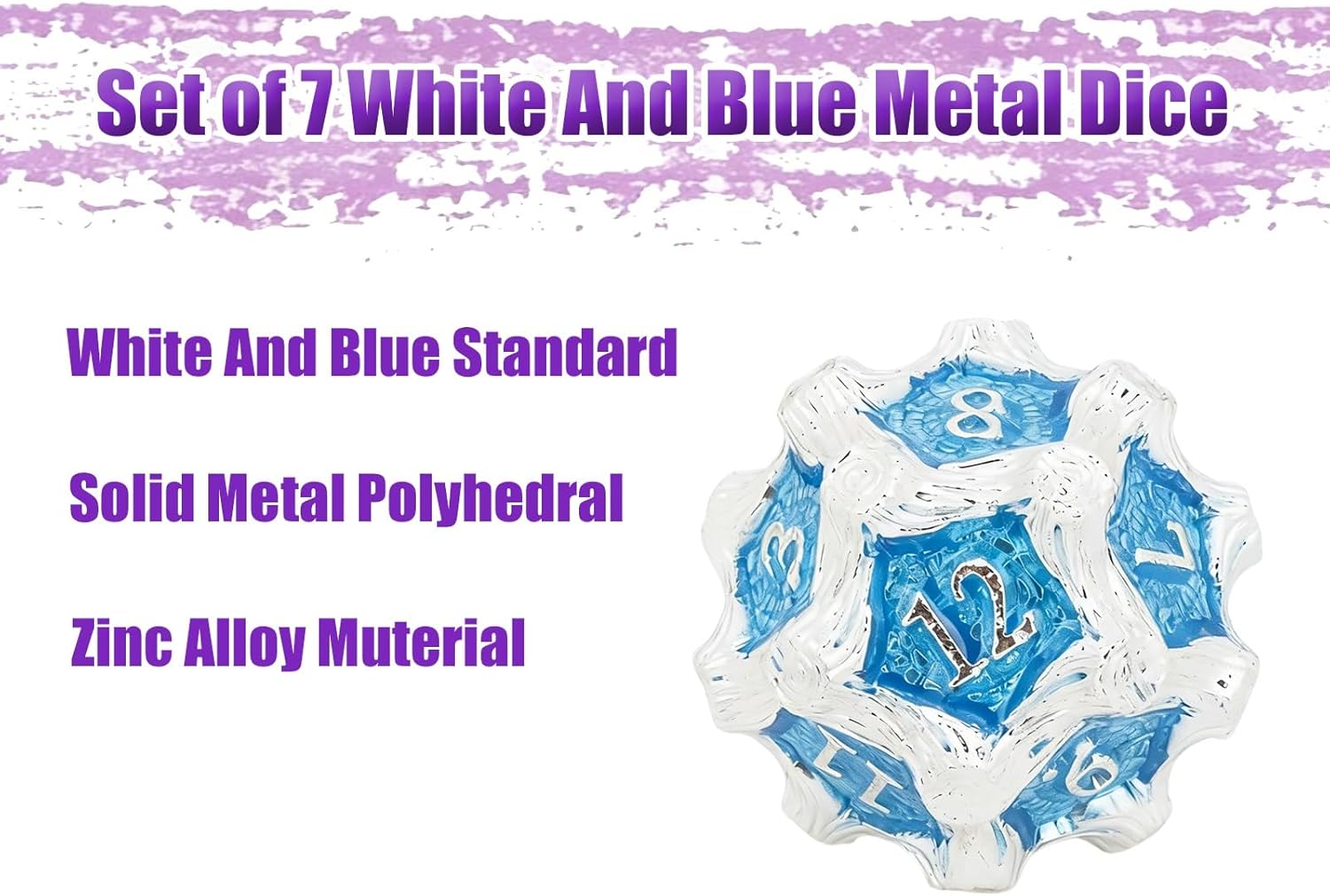 Set of 7 White and Blue Metal Dice, Solid Metal Polyhedral, Compatible with Role-Playing RPG Board Game Card Game