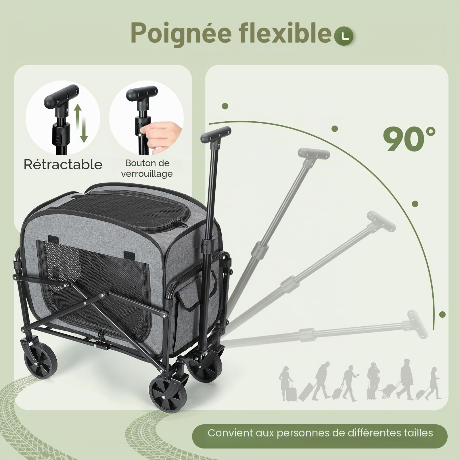 Transporteur de chien avec roues - Grande poussette pour chiens et chats - 18 kg - Carrosse à roulettes avec grandes roues tout-terrain (gris)