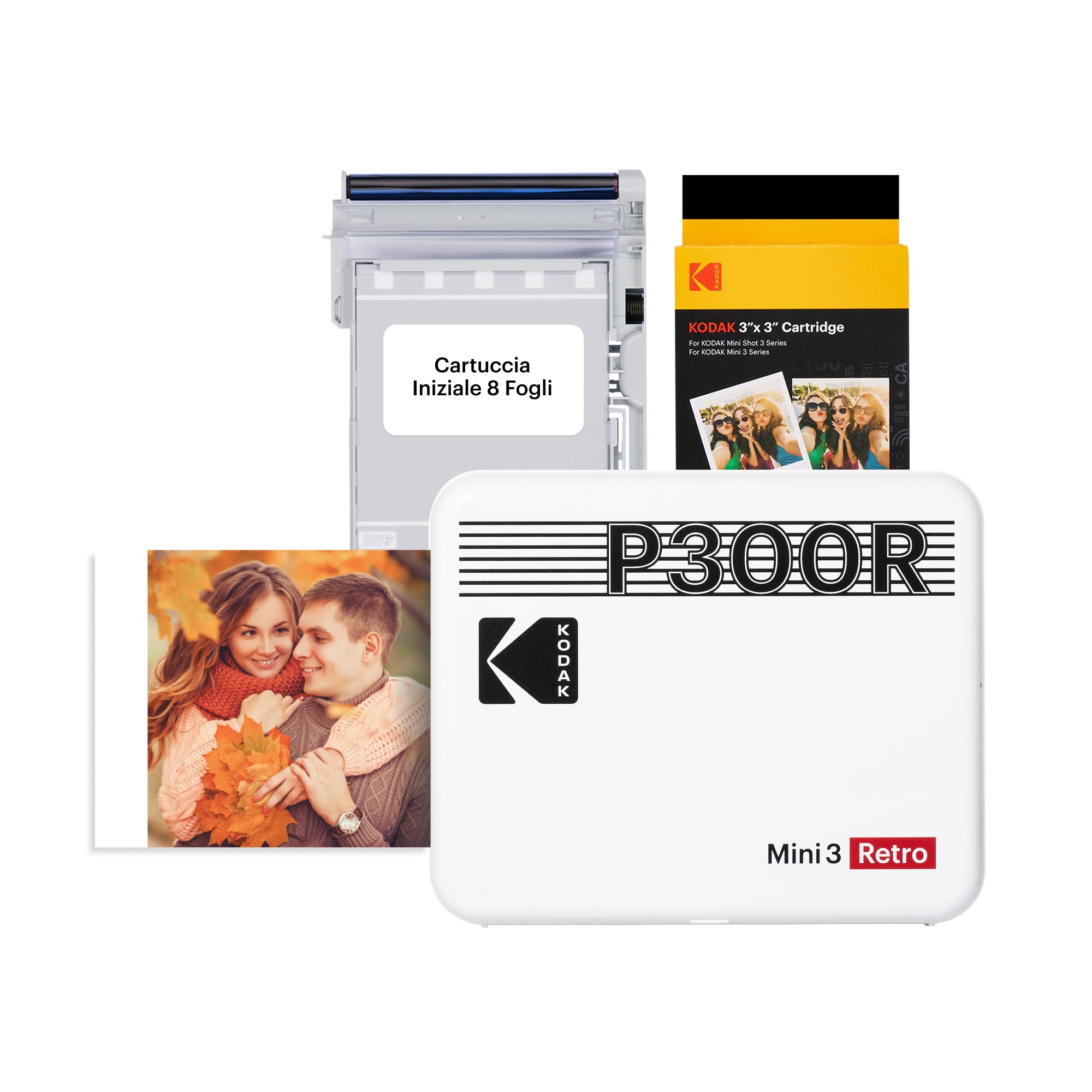KODAK Mini 3 Retro 4PASS Stampante Fotografica Portatile (7,6x7,6cm) + Pacchetto con 68 Fogli, Bianco