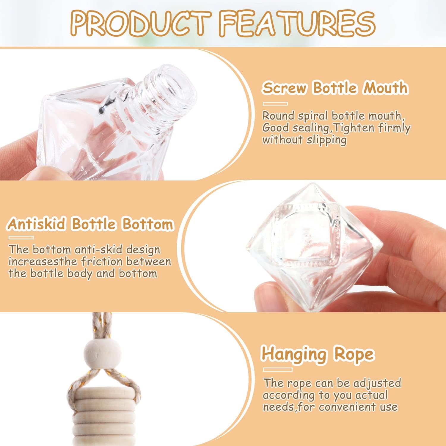 50 Pcs/Set,8ml Hanging Car Air Freshener Diffuser,Empty Clear Glass Essential Oil Fragrance Perfume Diffuser Pendant Glass Vials with Wooden Caps & Hanging String,Diamond Shaped Style
