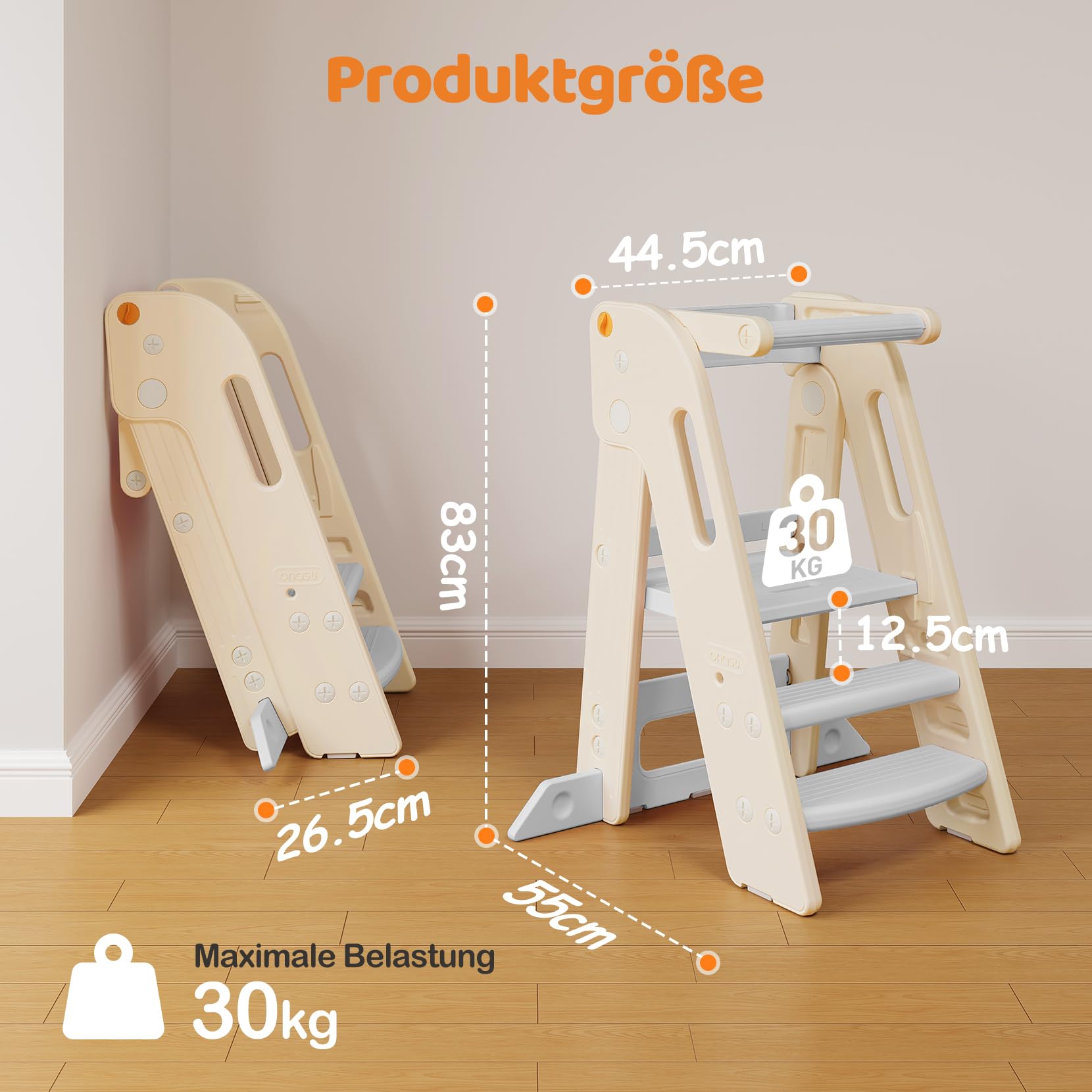 Lernturm für Kinder mit Sicherheitsgeländer, Lernturm Klappbar, Höhenverstellbar, Learning Tower mit Kippschutz & Anti-Rutsch-Trittfläche, für Küche, Badezimmer und Waschbecken (Creme-weiß)