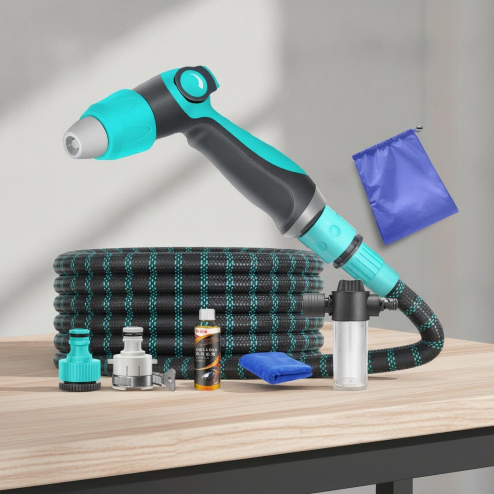 Baoblaze Idropistola Ad Alta Pressione Set Irrigazione Tubo Estensibile Pistola Spruzzo Multigetto Connettori Standard Universali Borsa Conservazione Tessuto