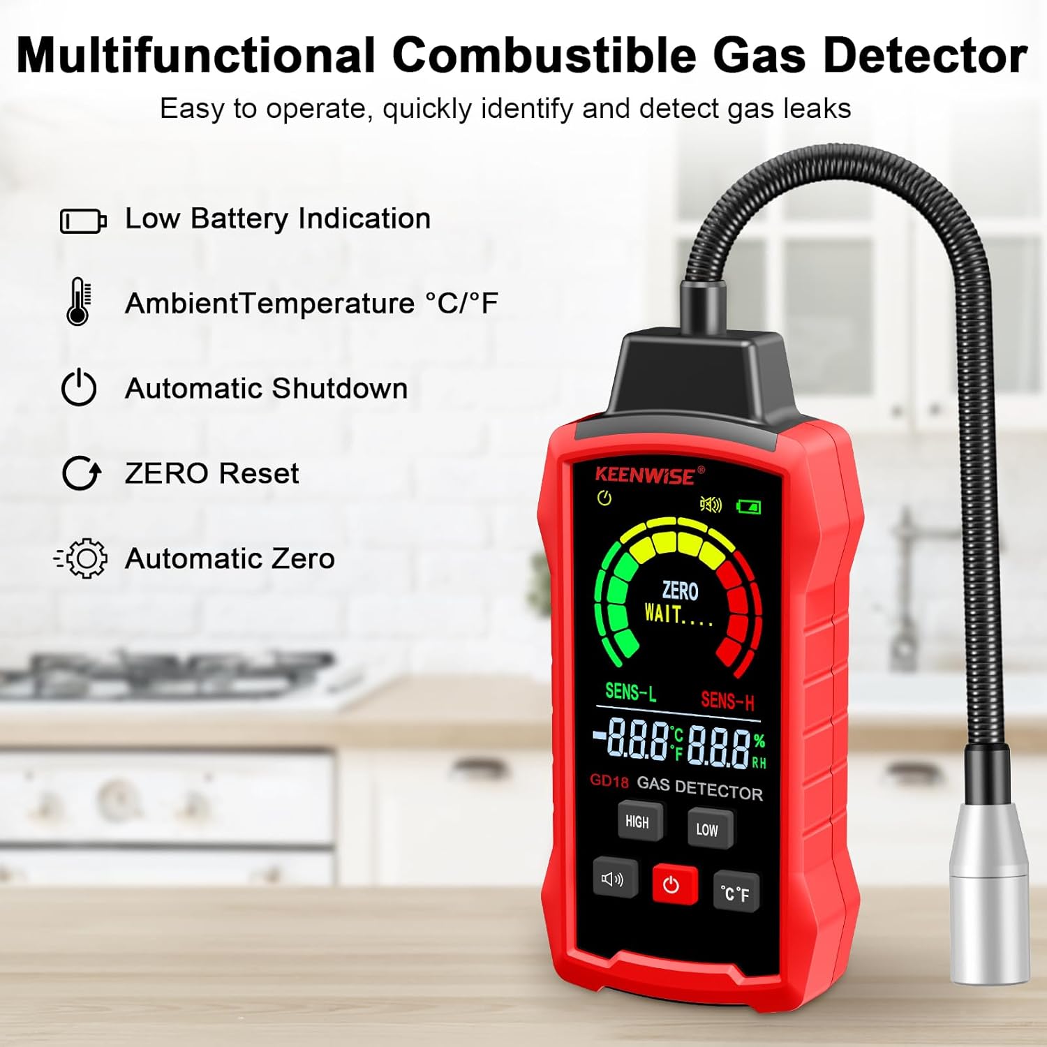 Natural Gas Detector, Gas Leak Detector with Audible & Visual Alarms, Gas Concentration Display, Locating Propane, Natural Gas, Combustible Gas Leak for Home and RV (Includes 3 Batteries)