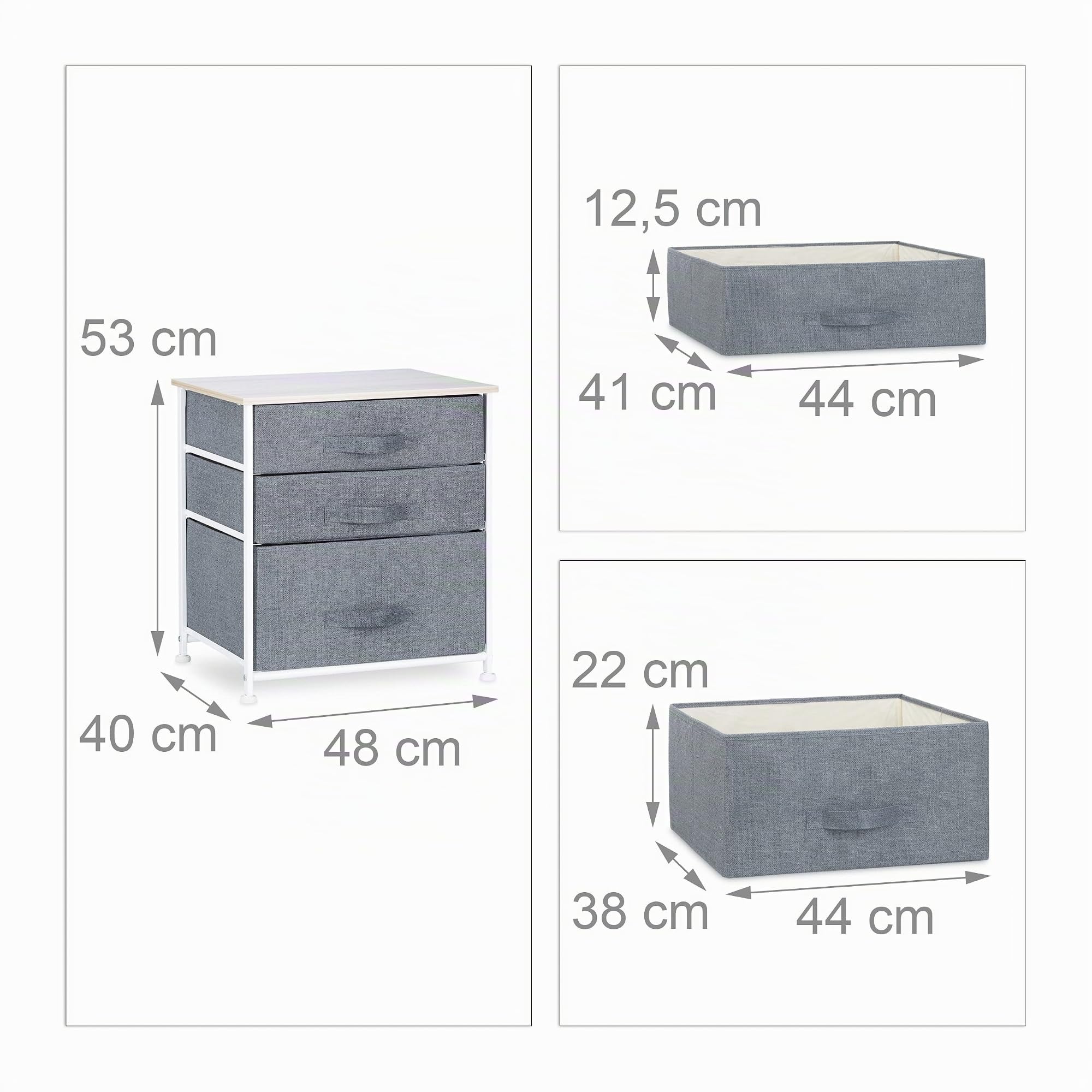 Relaxdays Cajonera Multiusos con 3 Cajones, Metal-Tela, Gris, 53 x 48 x 40 cm