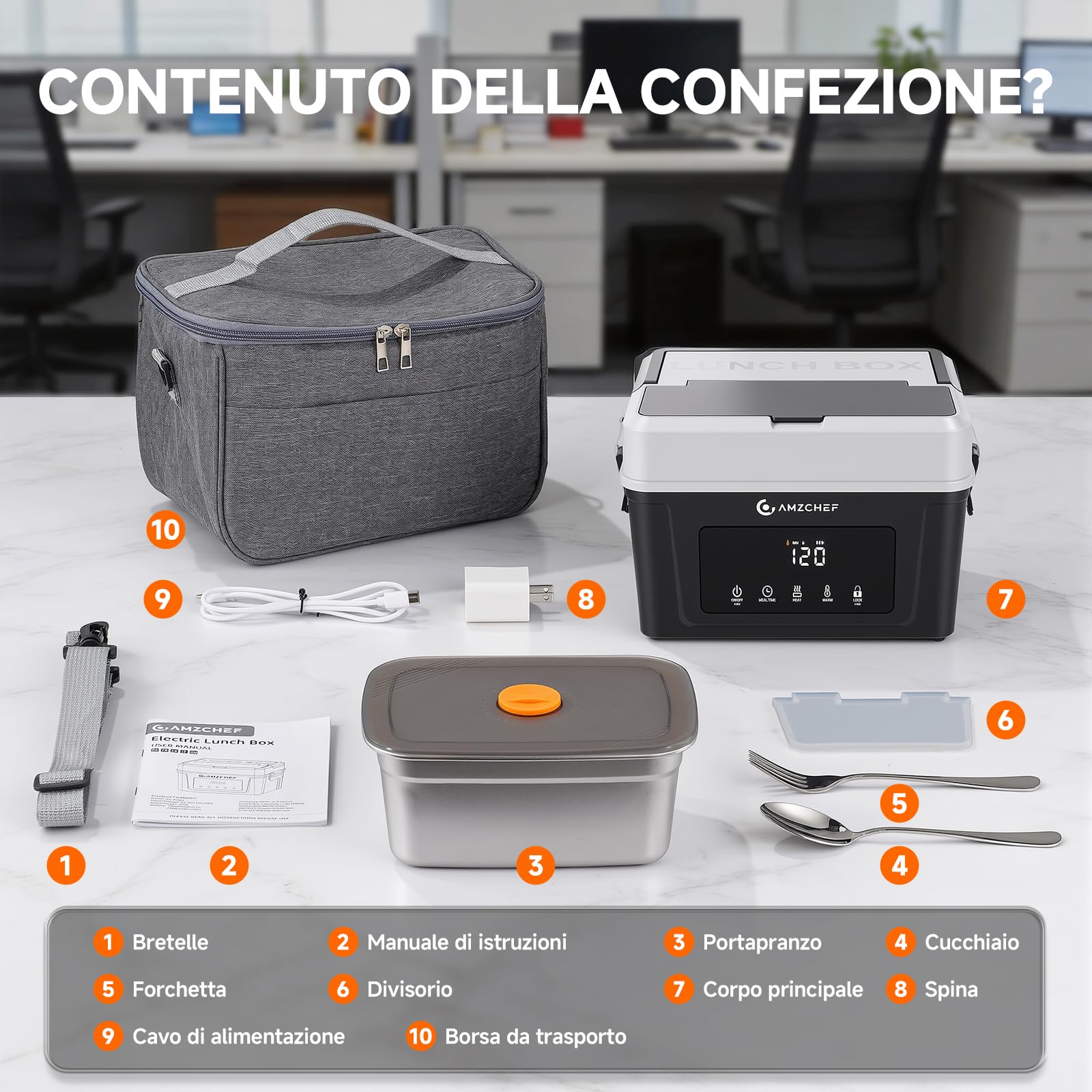 AMZCHEF Scaldavivande elettrico portatile con batteria da 18000 mAh 1,5 L– Riscaldamento 5 lati, timer e funzione mantieni caldo, ricarica rapida USB-C per ufficio, auto e cantieri
