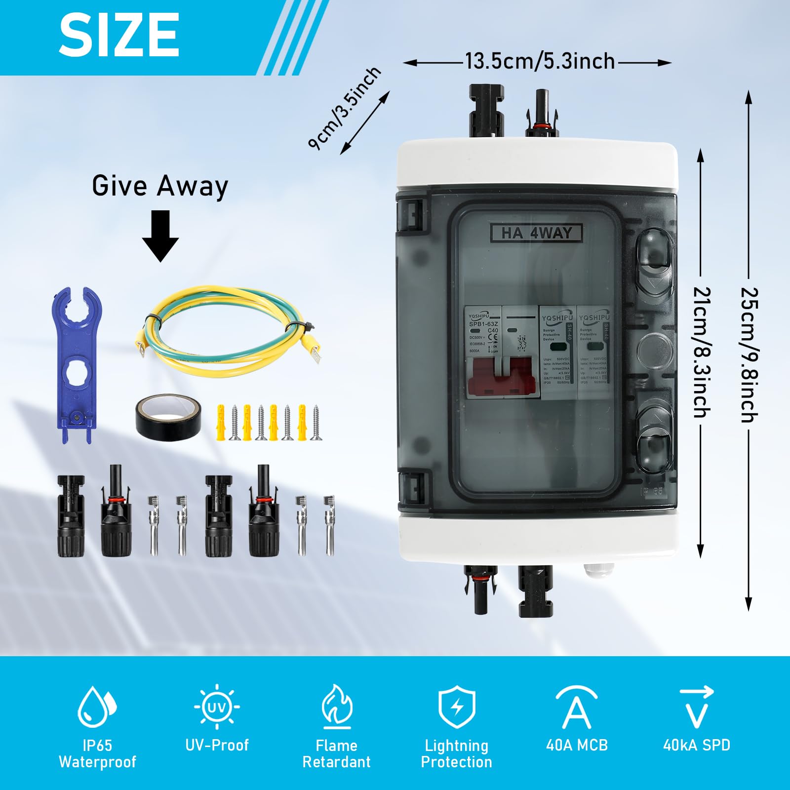 Protección Contra Sobretensiones Fotovoltaica, Disyuntor CC 40 A/1000V, Disyuntor de Protección contra Rayos(1 In 1 Out), Caja de Conexión Solar Fotovoltaica IP65 a Prueba de Agua