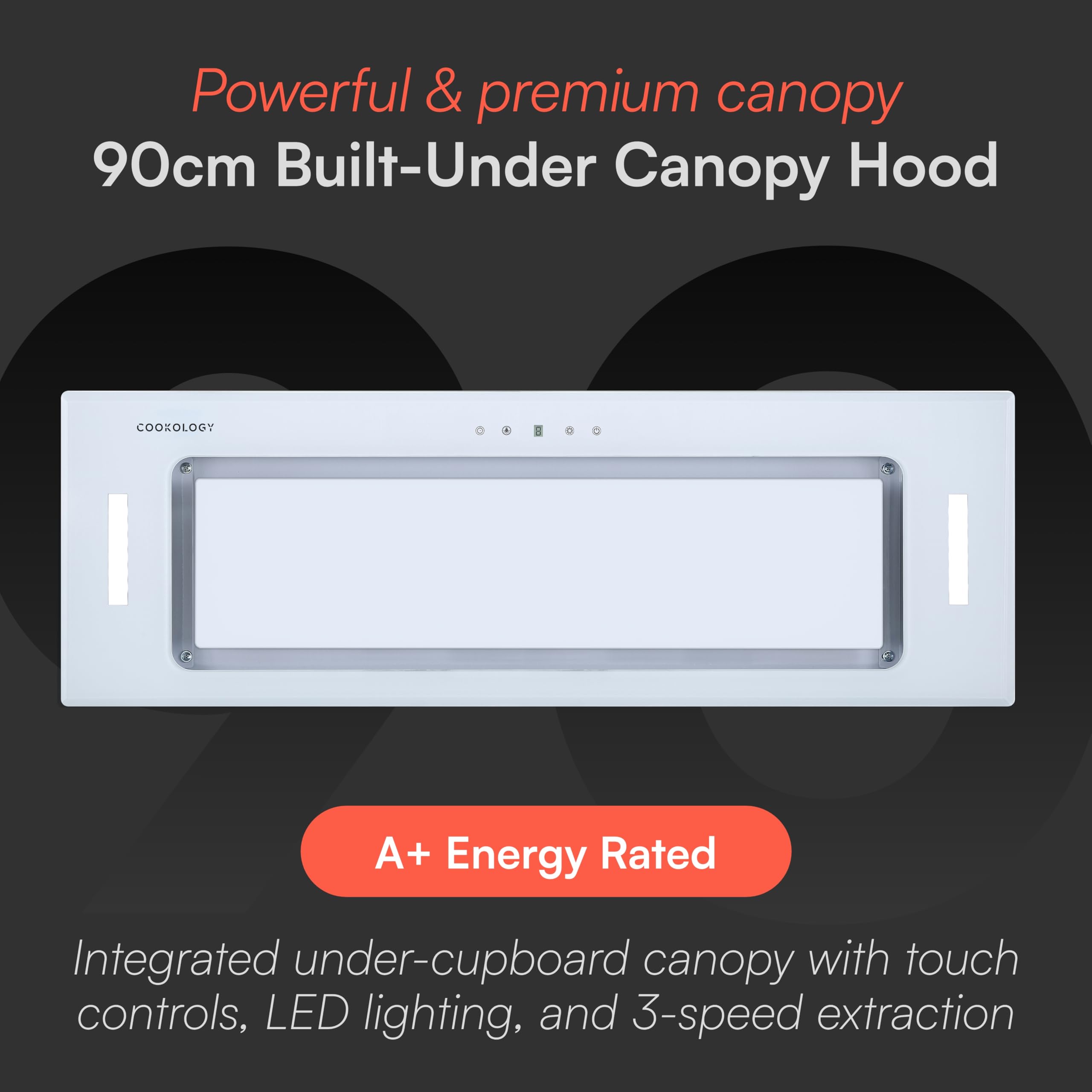 Cookology BUGL900WH/A+ Energy A+ Rated Built-in White Glass 90cm Integrated Canopy Cooker Hood