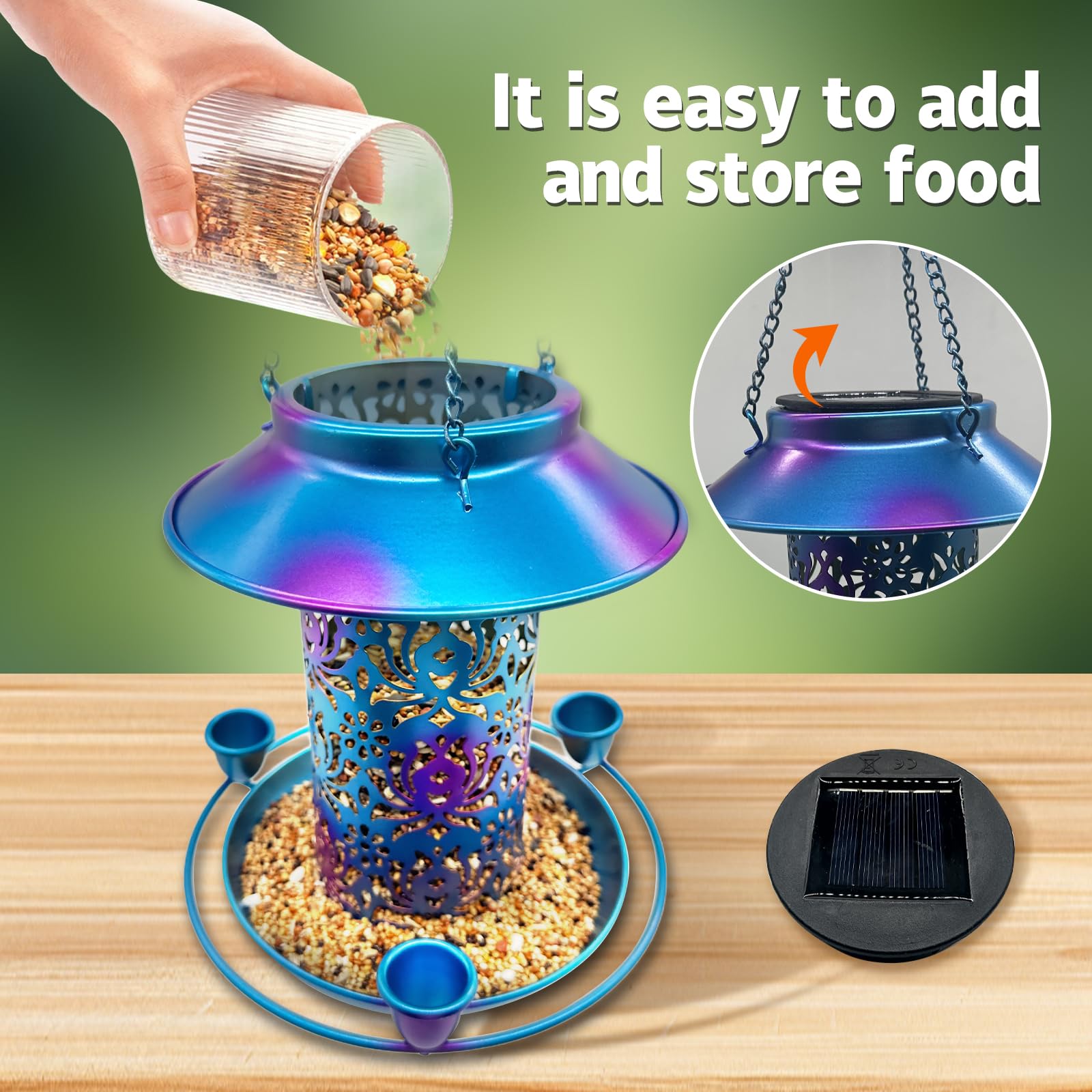 Comedero solar para pájaros para exteriores, 3 tazas de néctar para colibríes, de metal, resistente a la intemperie, linterna de jardín 2 en 1, luz automática por la noche, perfecto para