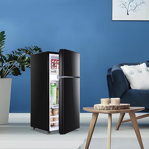 Miniatura 9 de Refrigerador negro de capacidad de 2.4 pies cúbicos con congelador de doble puerta, mini refrigerador de apartamento pequeño con 7 controles de