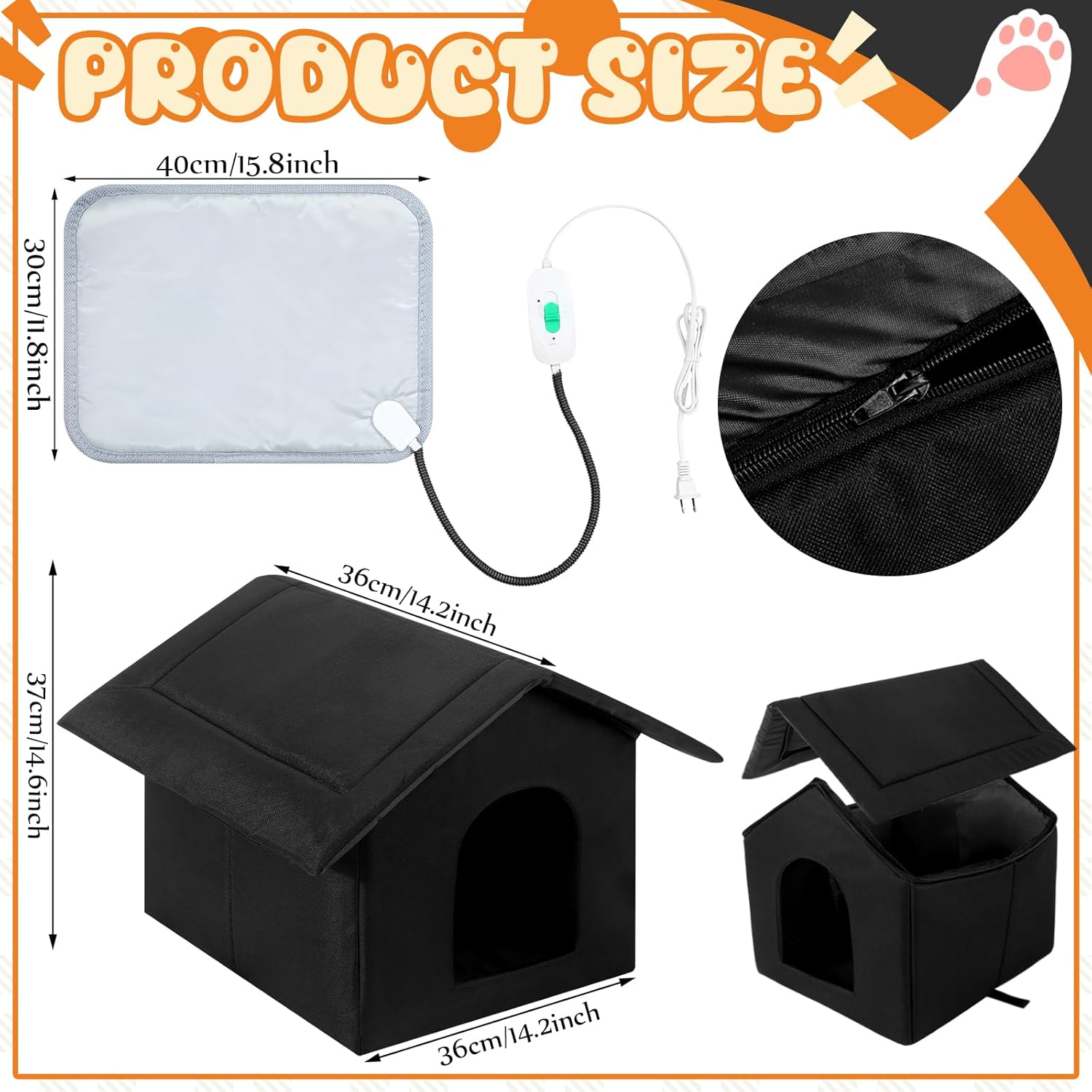 4 Pcs Heated Cat House Outdoor Weatherproof Enclosures with Heating Pad Foldable Cat Shelter Indoor Pet Cave with Tent Stakes for Pet Winter Outside(Leaves Style)