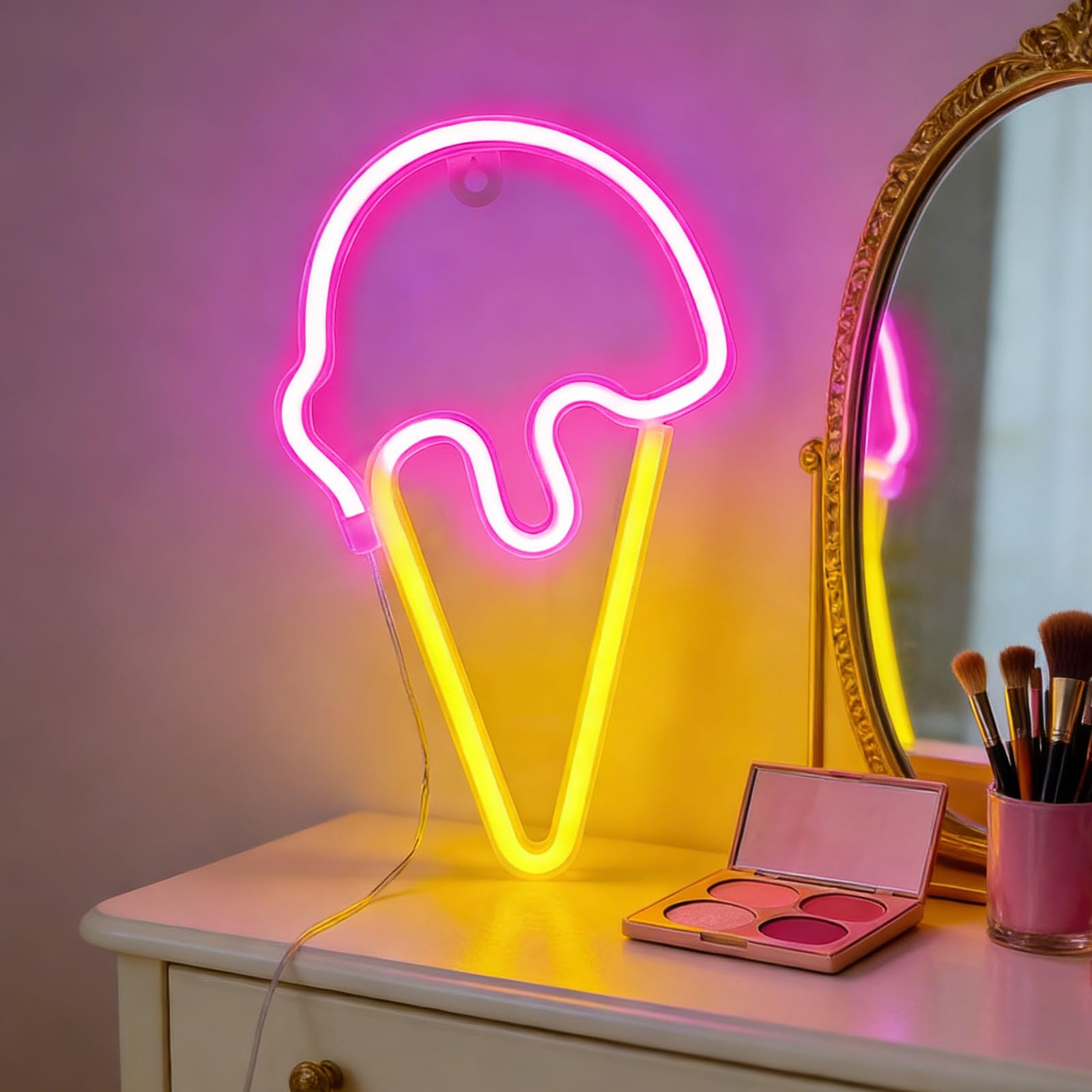 LED Ice Cream Neon Light USB Charging Decoration Pink Yellow Dual Color Neon Light No Drilling Wall Installation Luminous Ice Cream Logo Suitable for Parties Children's Room Layout Summer Bar
