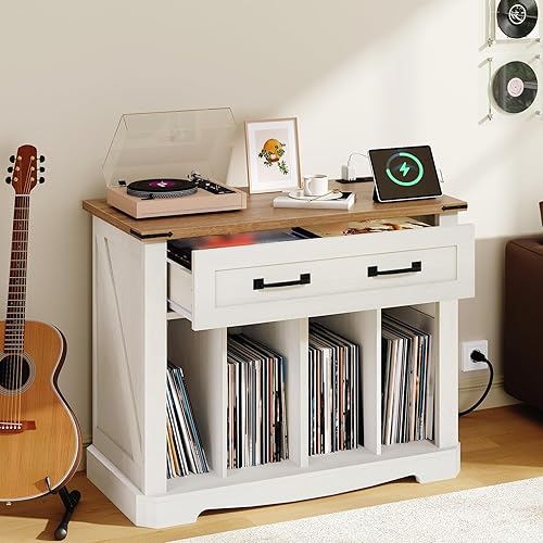 Miniatura 1 de Soporte grande para tocadiscos con estación de carga, gabinete de almacenamiento de discos de vinilo con capacidad para hasta 200 álbumes,