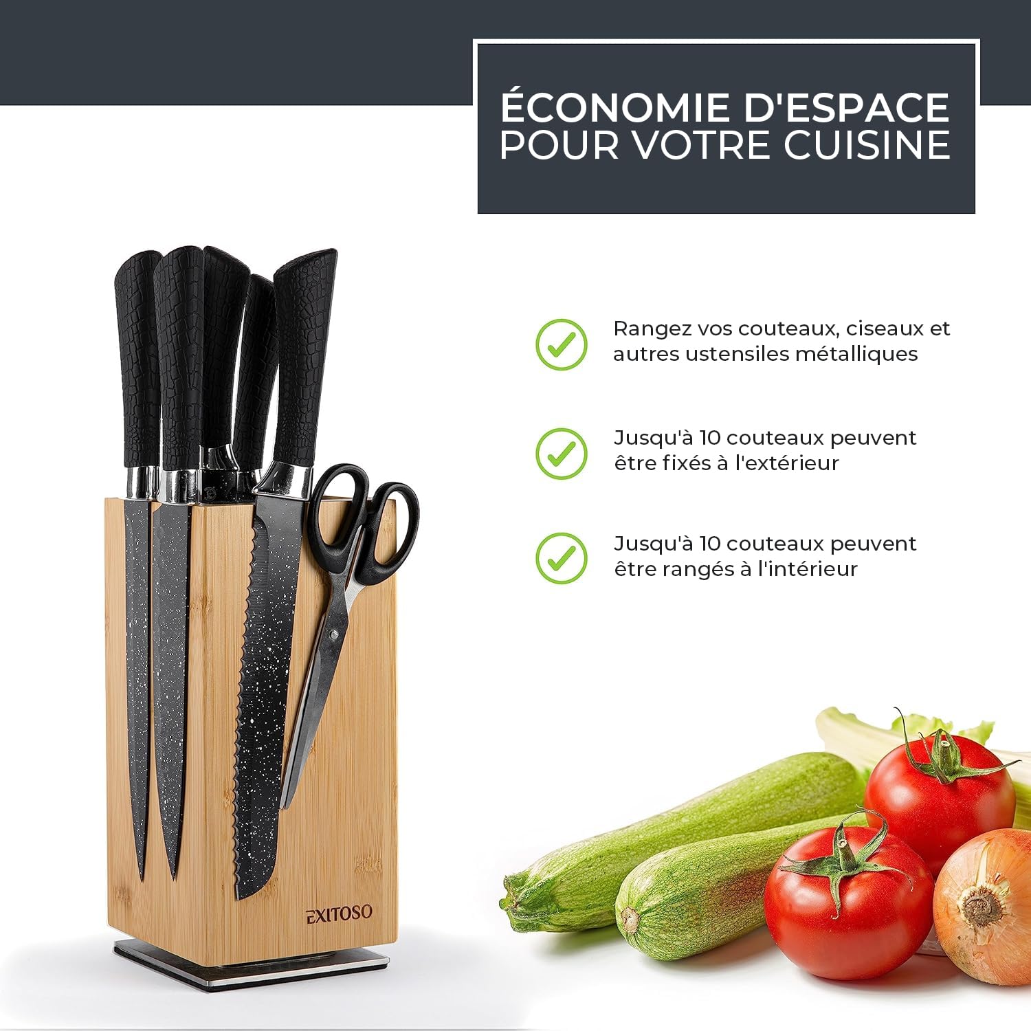 Exitoso NOUVEAU bloc à couteaux en bambou, rotatif à 360 degrés avec aimants à l'extérieur et insert en poils amovibles - espace pour jusqu'à 20 couteaux | rangement sécuritaire des couteaux