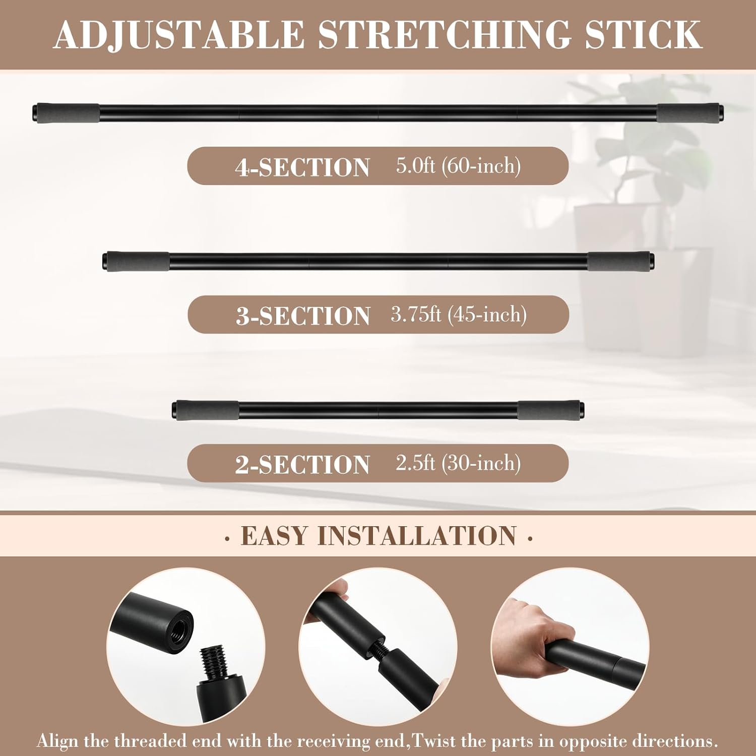 4 Pcs Yoga Stick with Exercise Strap Yoga Blocks Exercise Rod Workout Staff 58 Inch Sturdy Carbon Steel Stretching Stick Adjustable Rod with Non Slip Ends for Physical Pilates