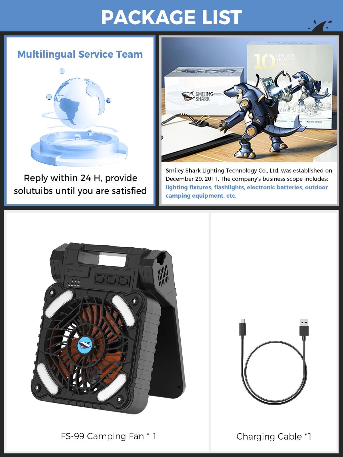 Smiling Shark Ventilateur de Camping avec LED, Portable Ventilateur Extérieur pour Tente avec Lumière USB Rechargeable 90°Pliable 4 Vitesses Solaire Ventiladores de Camping pour Pêche Randonnée Voyage