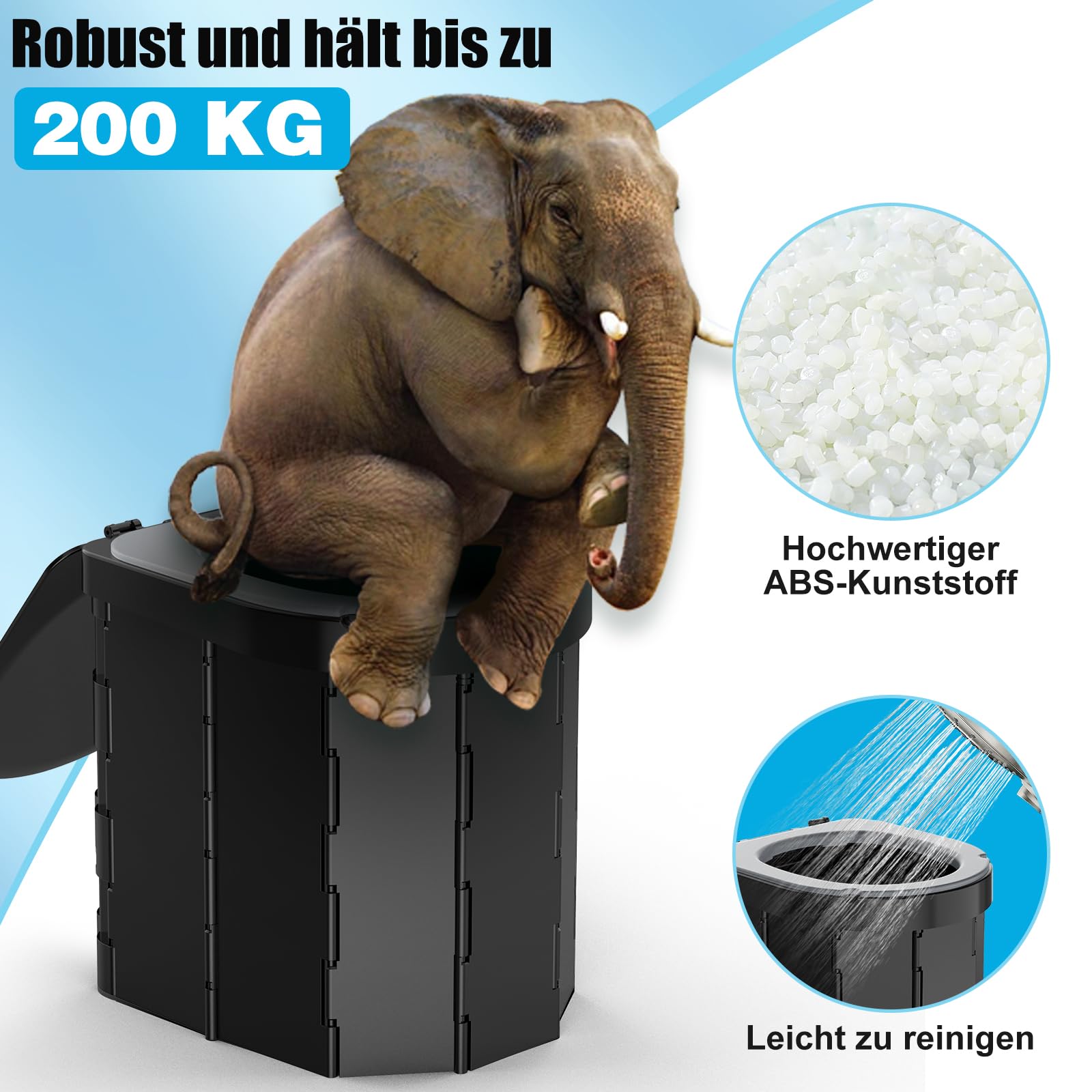 WADEO Tragbare Campingtoilette mit EVA-Komfortsitz, Faltbare Toilette Klapptoilette belastbar bis zu 200kg, mit 20 Müllbeutel, Papier- und Handyhalter, Hygienischer Eimer für Camping Wandern Angeln