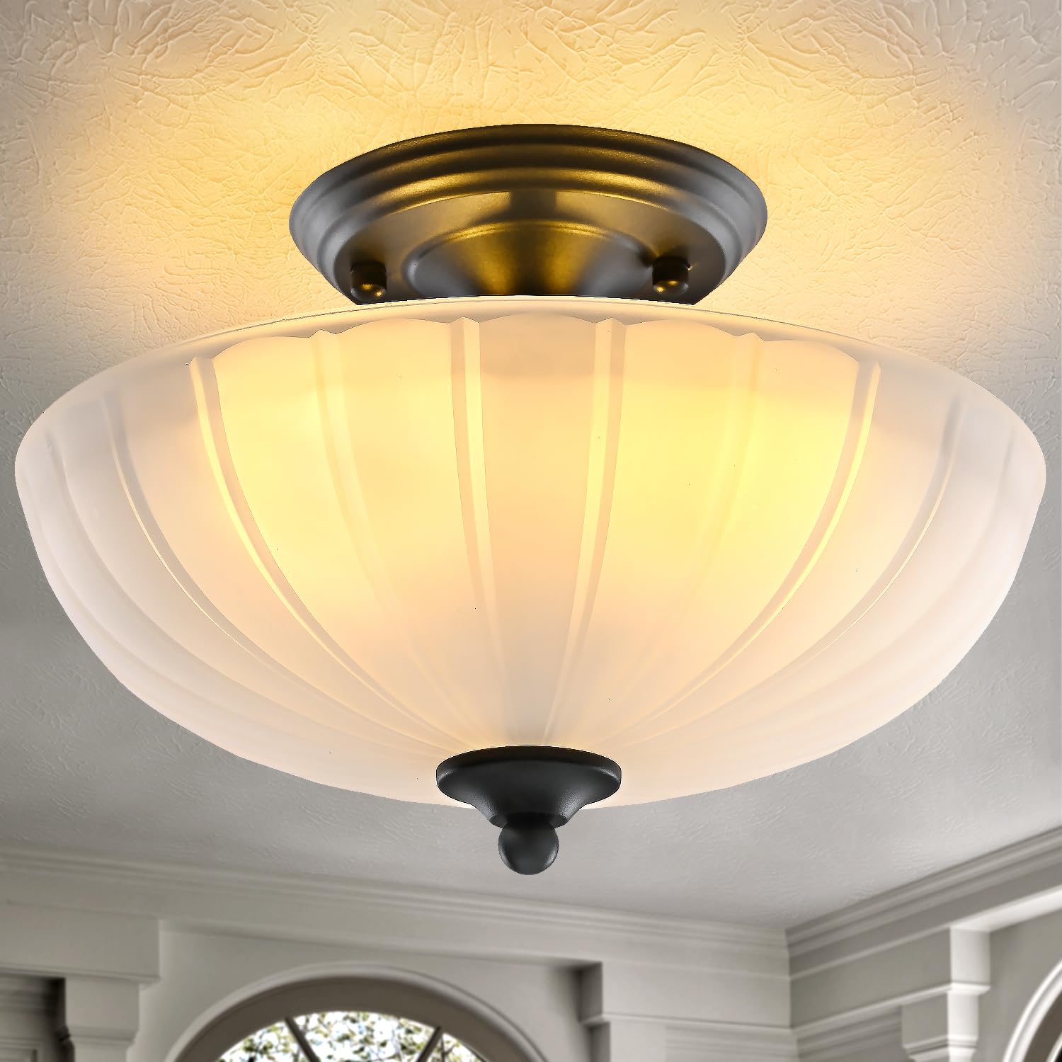 Dalouguan Semi Flush Mount Ceiling Light, 3-Light Kitchen Ceiling Lighting Fixtures with Frosted Glass Lampshade, Black Modern Chandelier for Living