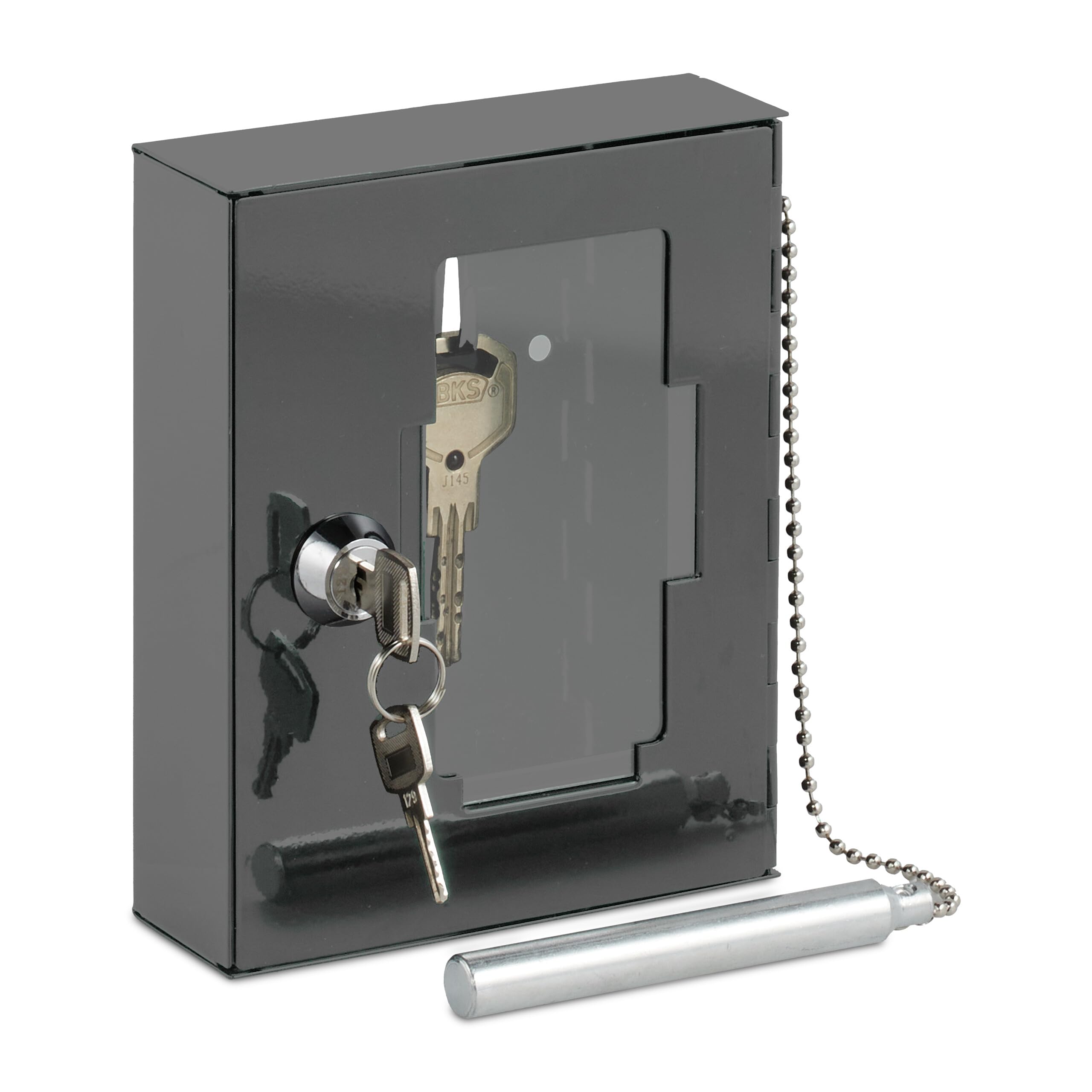 Boîte à clés d'urgence en métal verrouillable avec vitre de verre et marteau brise-glace