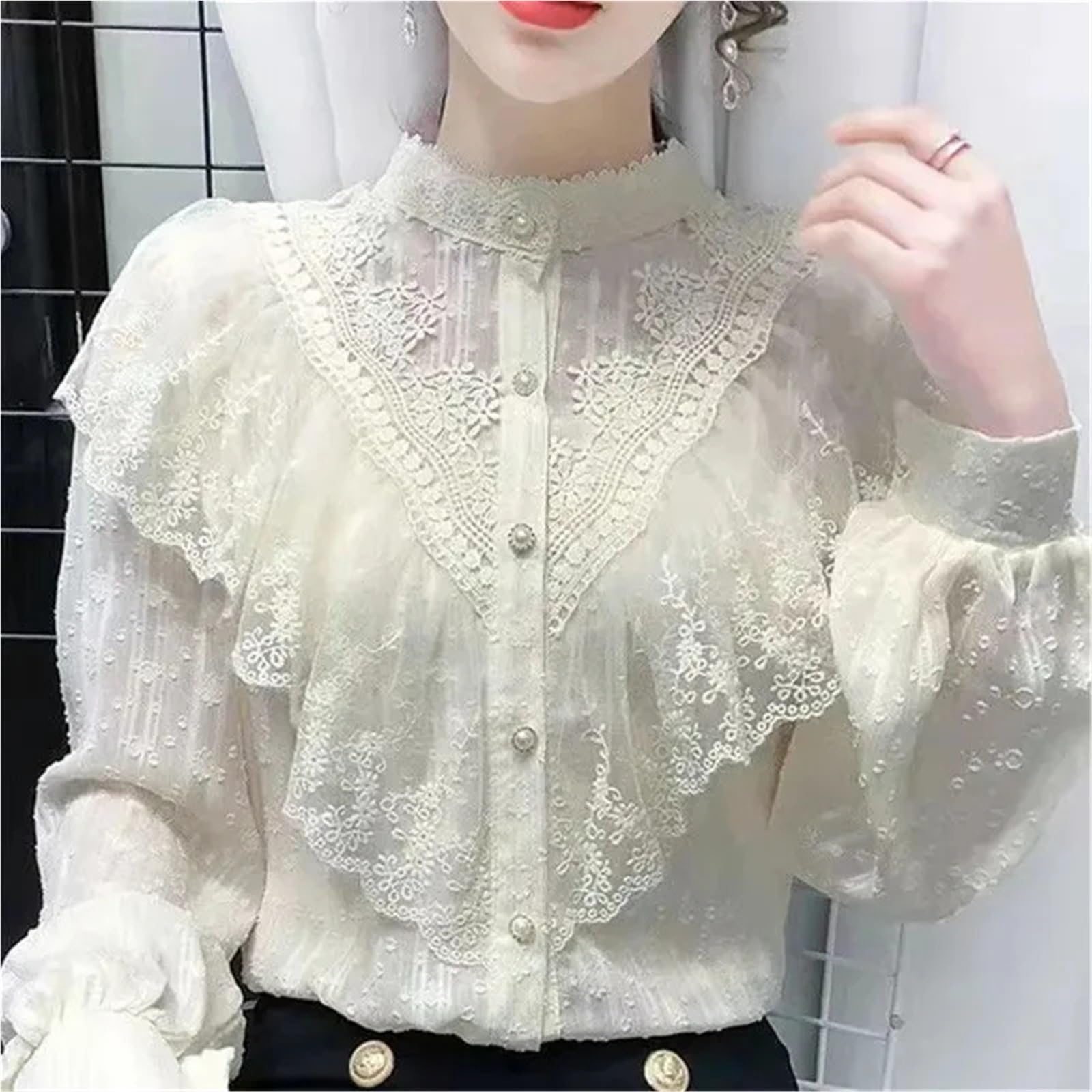 Blouse Mousseline Haut en Mousseline de Soie et Dentelle for Femme, Manches Longues, Chemise rétro française, à la Mode, Design, Bord Feuille Lotus