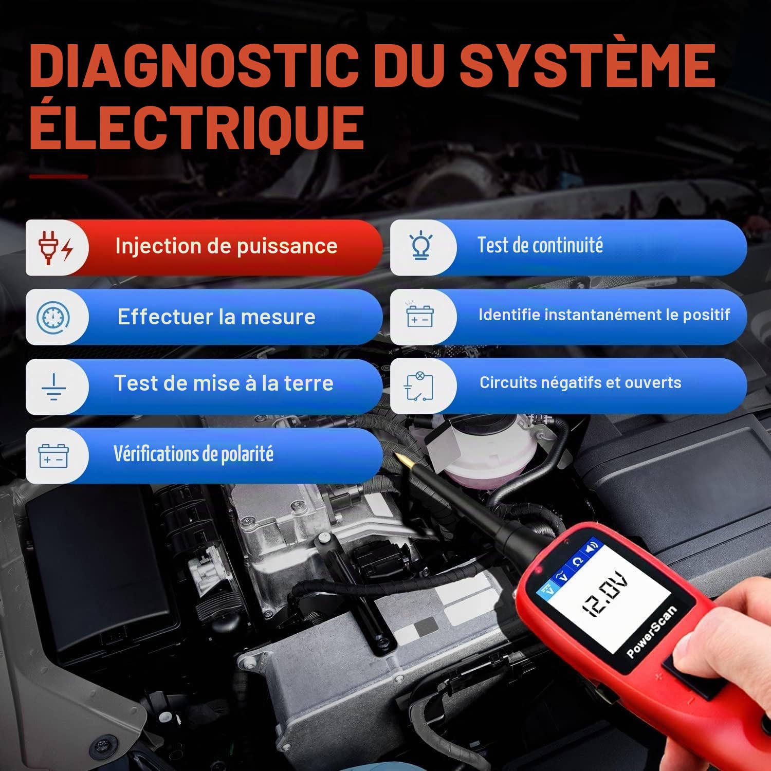 Autel PowerScan PS100 Sonde Circuit Électrique, 12V 24V Outil de Diagnostic Circuit Électrique, Testeur de Circuit Automobile, Lire la Résistance du Courant AC/DC, Disjoncteur Intégré, 20 Pieds Cordon
