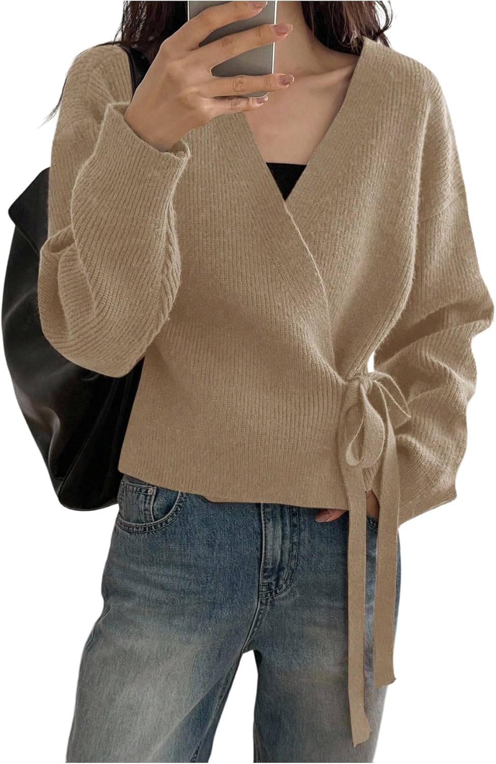 SweatyRocks Women's Wrap Cardigan Sweaters Tie Front Long Sleeve Soft Knit Dressy Work Tops