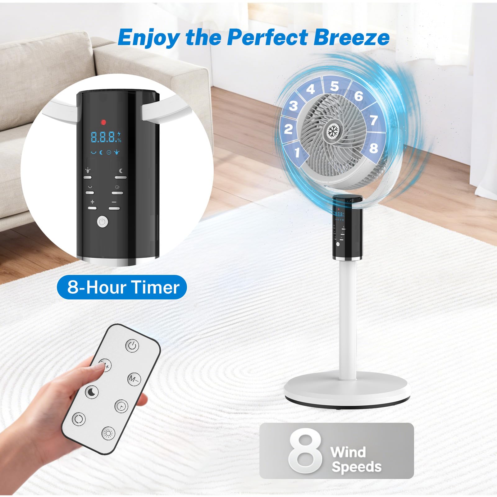 WIWOLER Leiser Standventilator mit Fernbedienung, 3 Höhenverstellbarer Säulenventilator, 8 Geschwindigkeiten, 80° Oszillation, 8H Timer, LED-Display, 3-Stufen Nachtlicht, Für Schlafzimmer, Büro