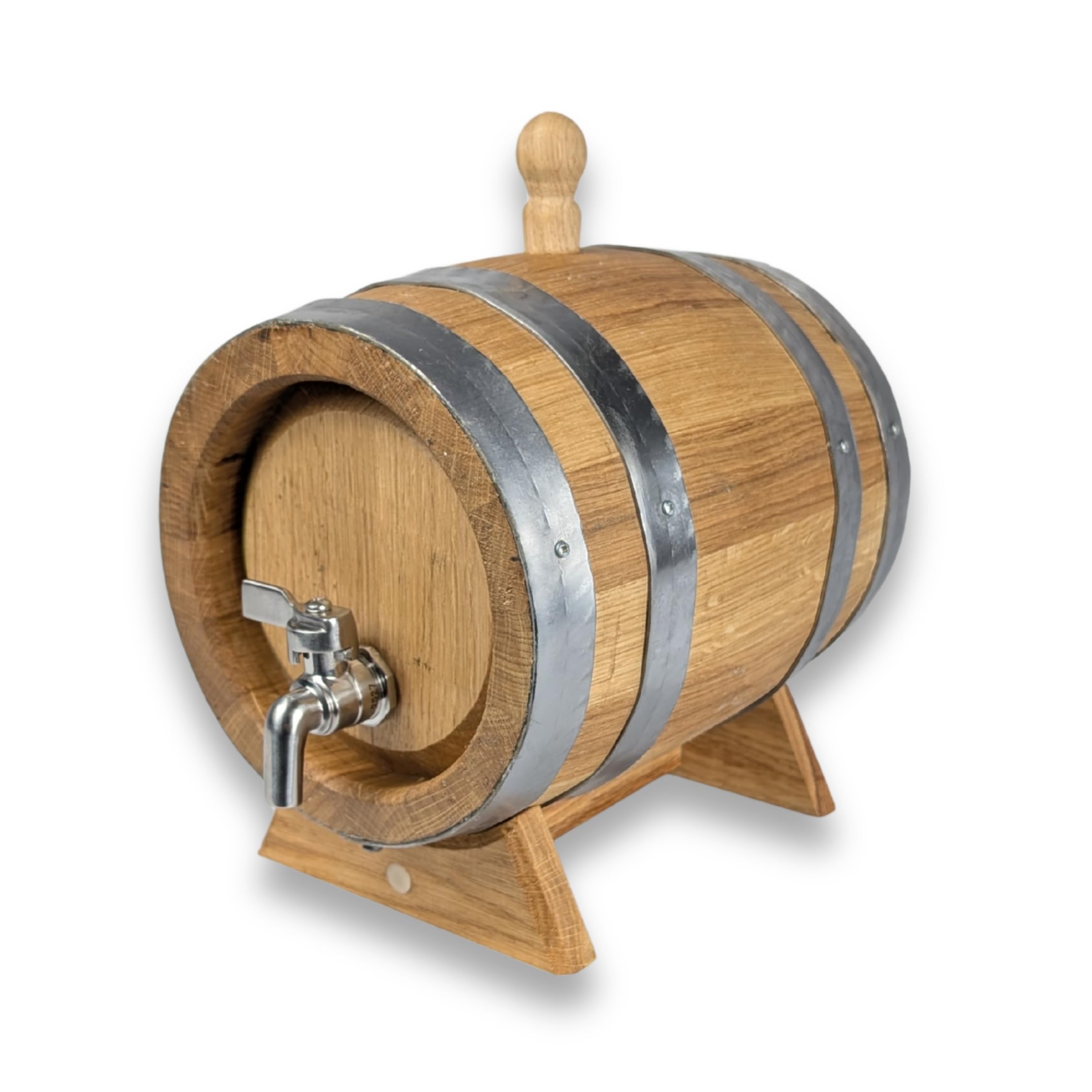 Eichenfass 3L mit Edelstahlzapfhahn – Holzfass für Whisky, Wein, Schnaps – Geflammtes Weinfass Fass mit Edelstahlreifen & Bock – Geschenk & Deko klein