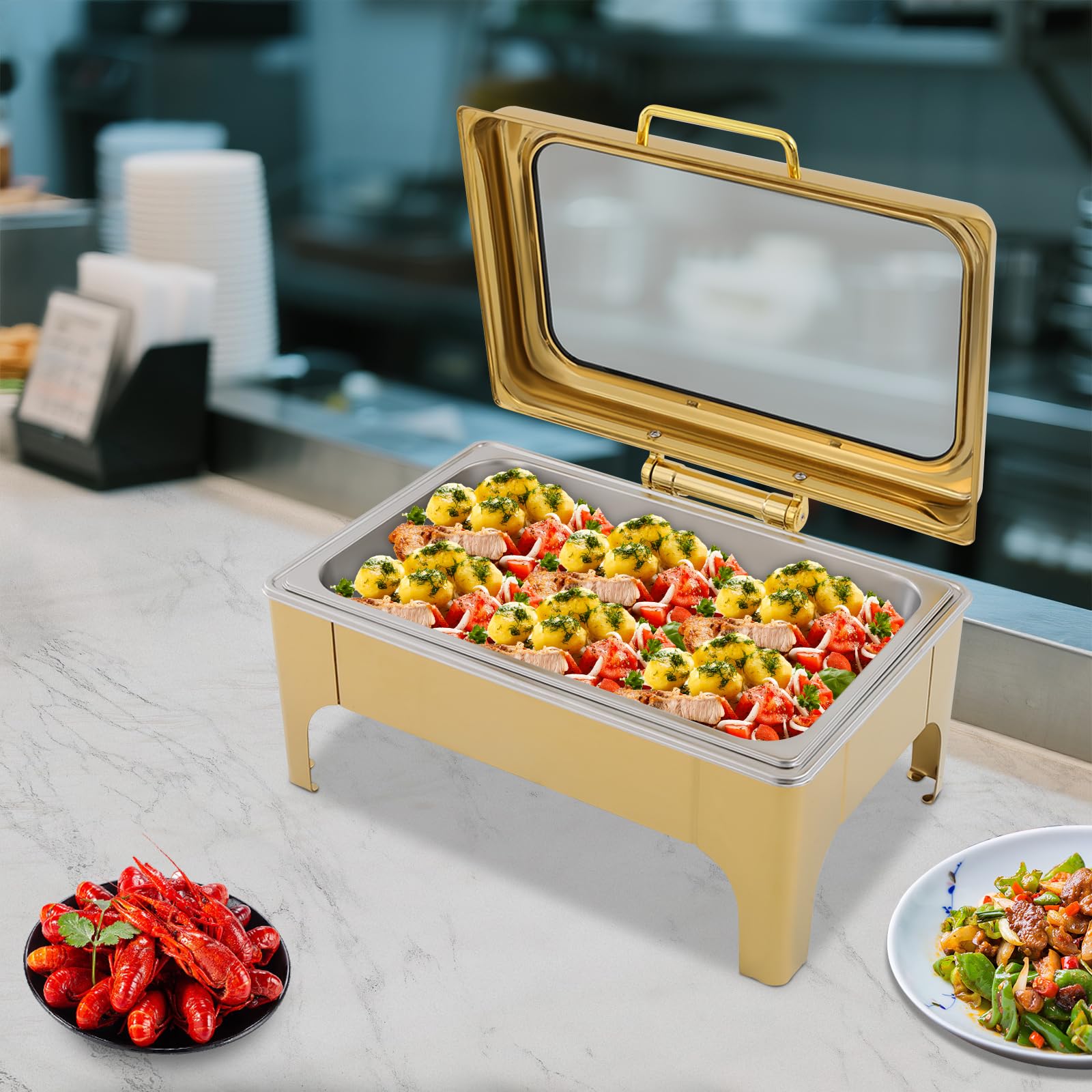 Scaldavivande da Buffet in Acciaio Inox | Set buffet scaldavivande rettangolare in acciaio inox for hotel, ristoranti(Gold)