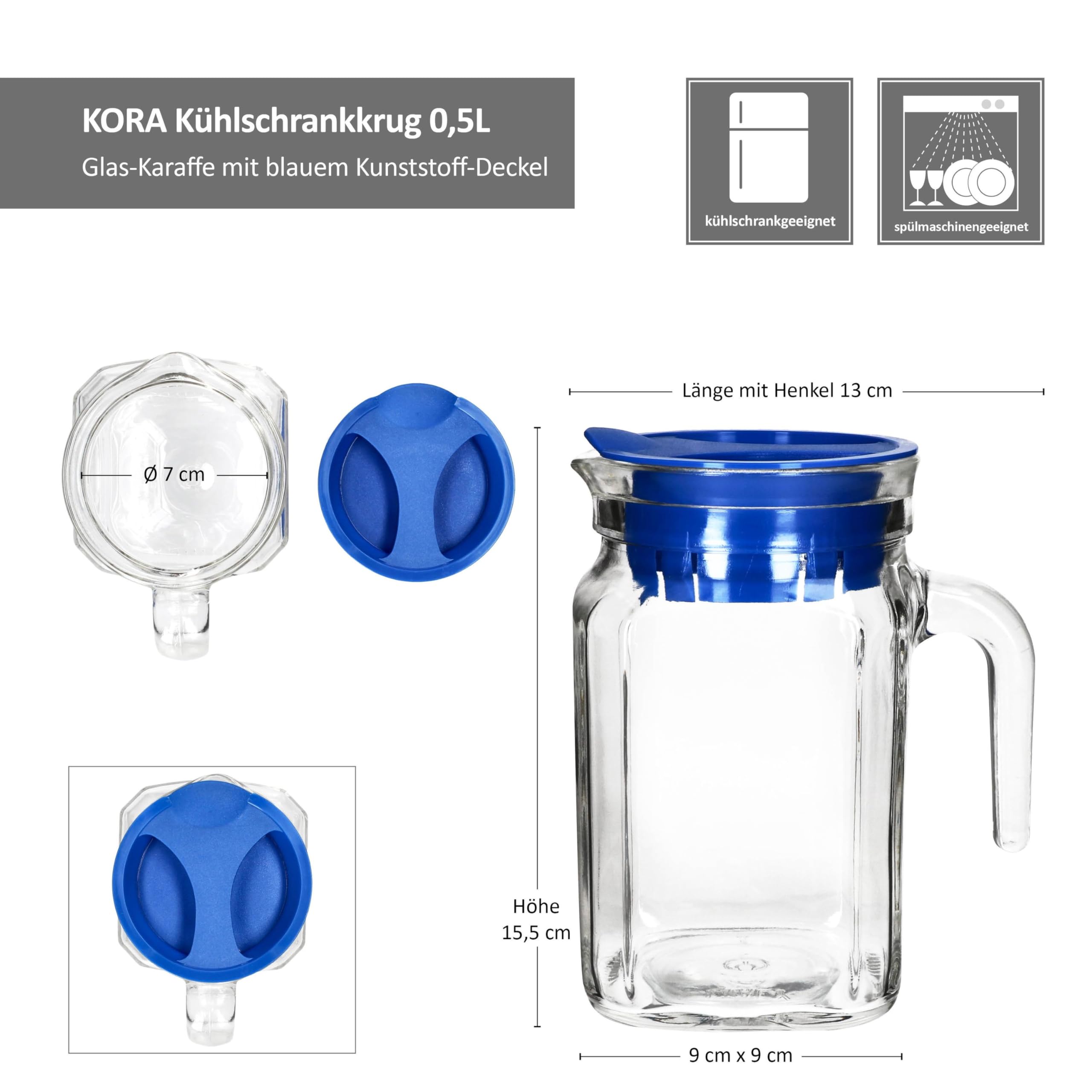 MamboCat Kora Set di 2 brocche per frigorifero con coperchio in plastica blu, 0,5 litri, caraffa quadrata in vetro con beccuccio e manico per tè freddo, acqua, succhi di frutta, latte & Co.