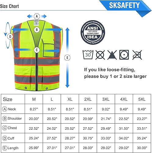 Miniatura 7 de SKSafety - Chaleco de seguridad amarillo reflectante de alta visibilidad Tipo R Clase 2 para hombre y mujer, 10 bolsillos, cumple con ANSIISEA